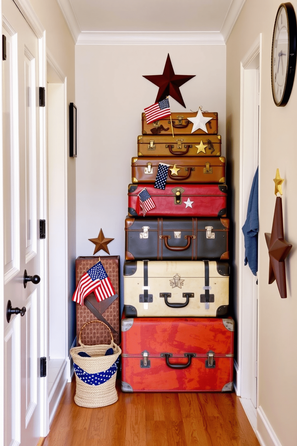 A charming hallway filled with vintage suitcases stacked creatively against a wall. The suitcases are adorned with American decor elements, including small flags and rustic stars, celebrating the spirit of Memorial Day.