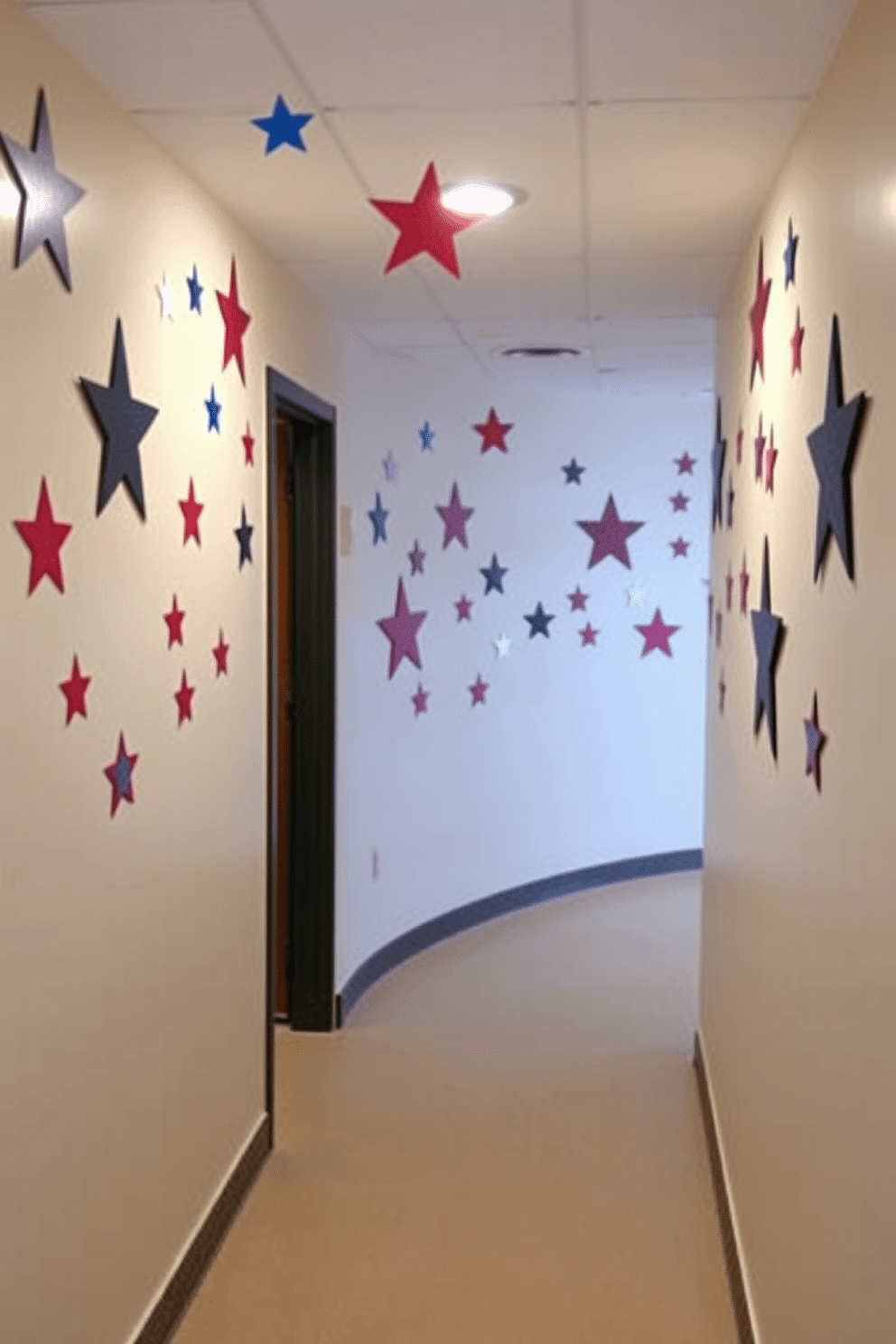 Festive wall decals featuring stars adorn the hallway, creating a vibrant and celebratory atmosphere. The decals are strategically placed to enhance the space, adding a touch of patriotism and charm for Memorial Day.