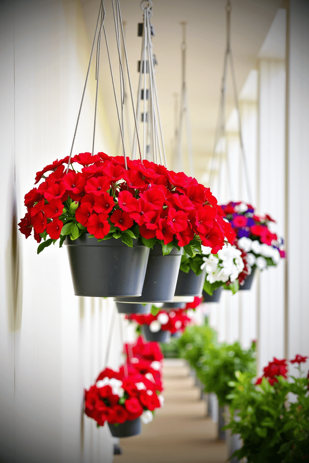 Hanging flower pots are arranged along the walls of a long hallway, each pot bursting with vibrant red, white, and blue blooms that celebrate Memorial Day. The pots are suspended at varying heights, creating a dynamic visual display that draws the eye down the corridor.