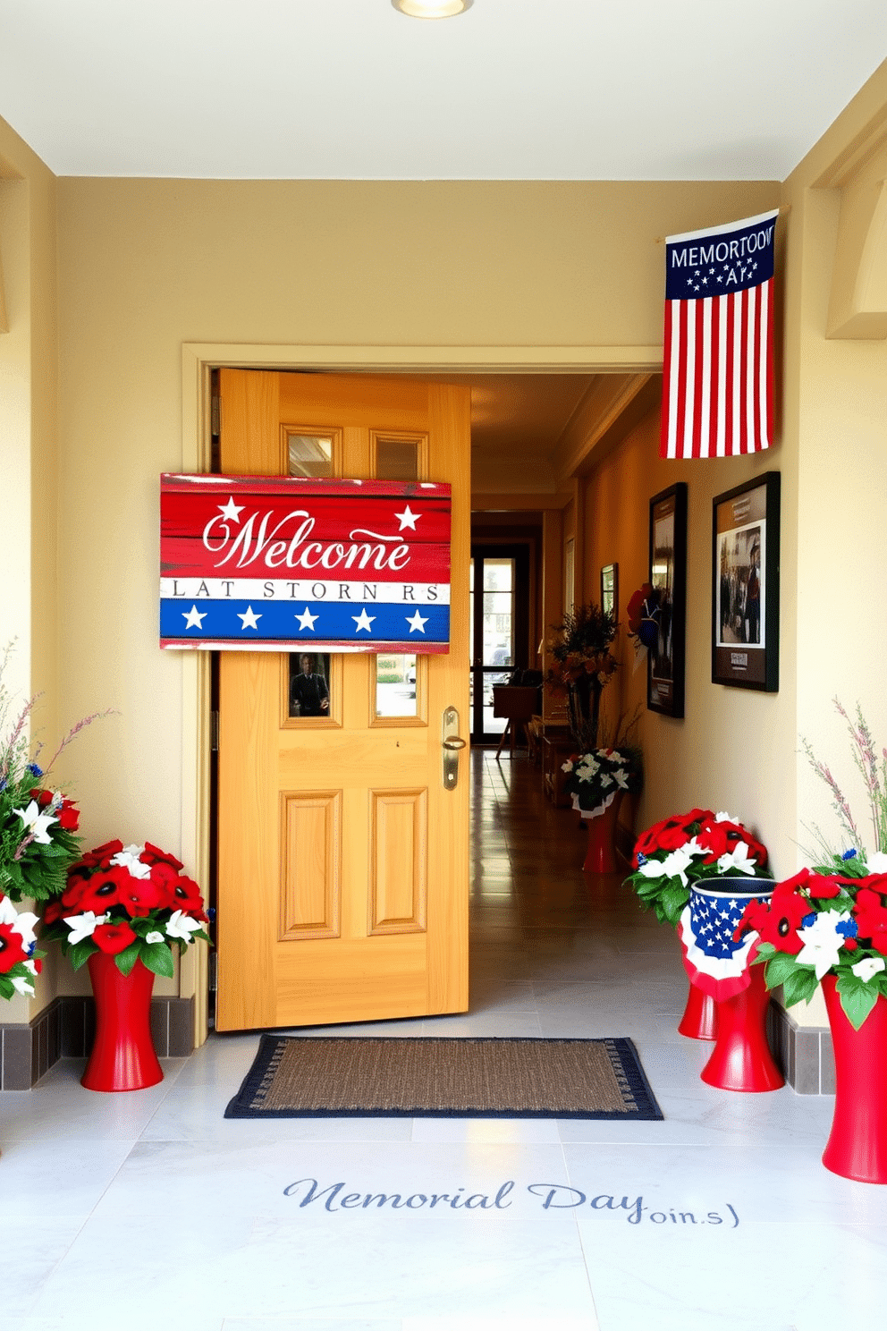 A patriotic themed welcome sign greets guests at the entrance featuring red white and blue colors with stars and stripes. The sign is designed with rustic wood elements and hangs prominently on the door. The hallway is decorated with Memorial Day themes including framed photographs of veterans and banners displaying patriotic messages. Red white and blue floral arrangements are placed along the walls to enhance the festive atmosphere.