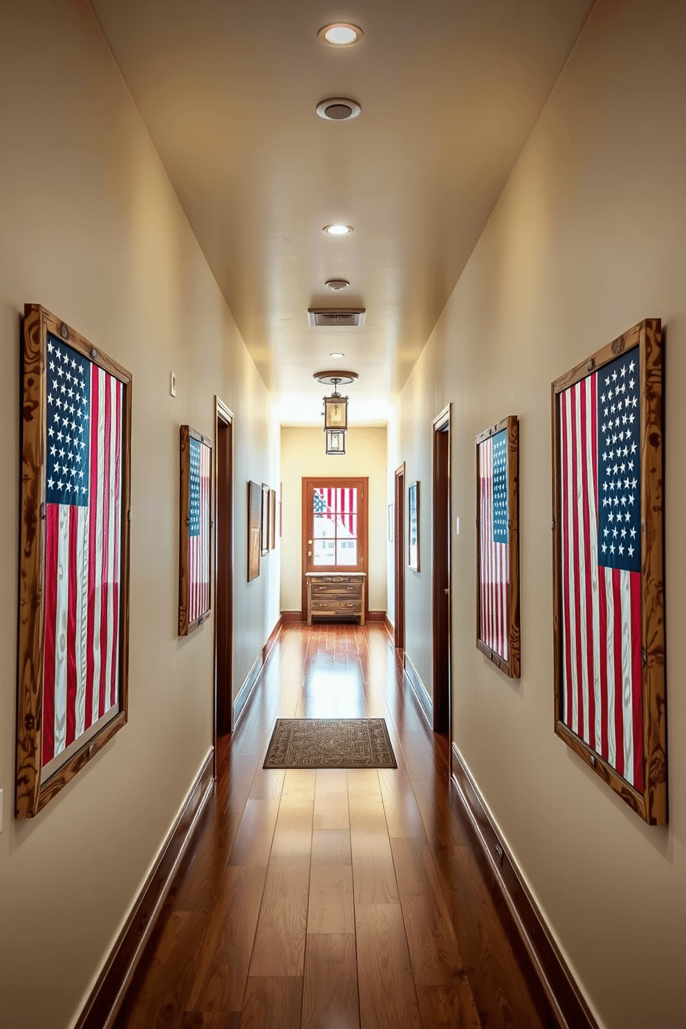 Decorative mirrors featuring flag motifs line the walls of a spacious hallway, creating a patriotic and vibrant atmosphere. The mirrors are framed in rustic wood, reflecting light and enhancing the warmth of the space while celebrating the spirit of Memorial Day.