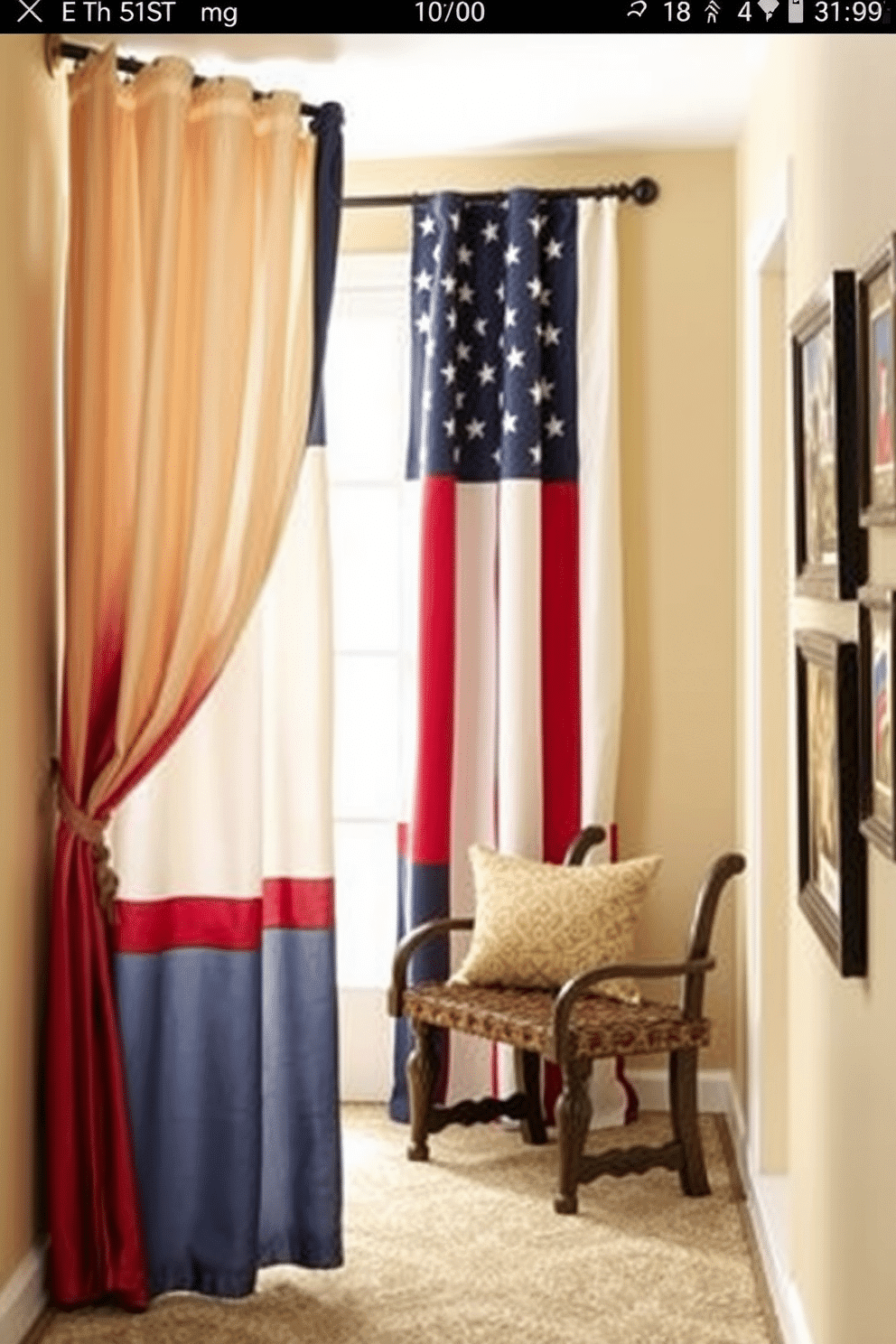 Seasonal fabric drapes hang gracefully in the hallway, featuring a vibrant red, white, and blue color scheme to celebrate Memorial Day. The drapes are complemented by tasteful decor elements such as a rustic wooden bench and a collection of framed patriotic artwork on the walls.