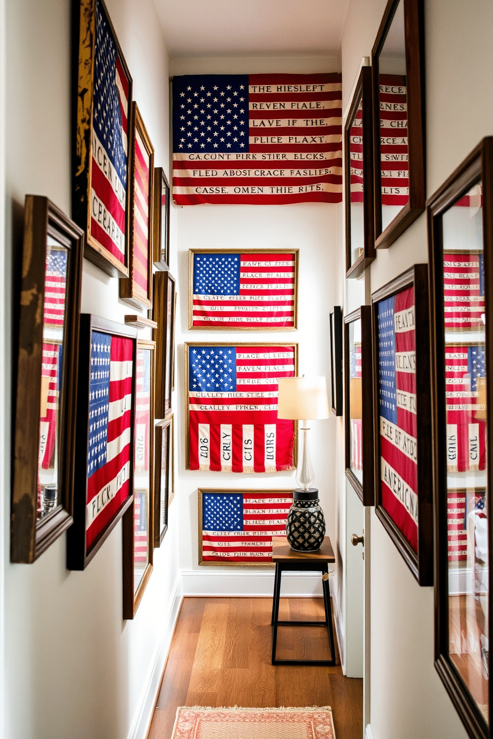 Framed vintage American flags are arranged in a stylish gallery wall along a narrow hallway. The flags are complemented by rustic wooden frames, enhancing the patriotic theme while adding a touch of nostalgia to the decor.