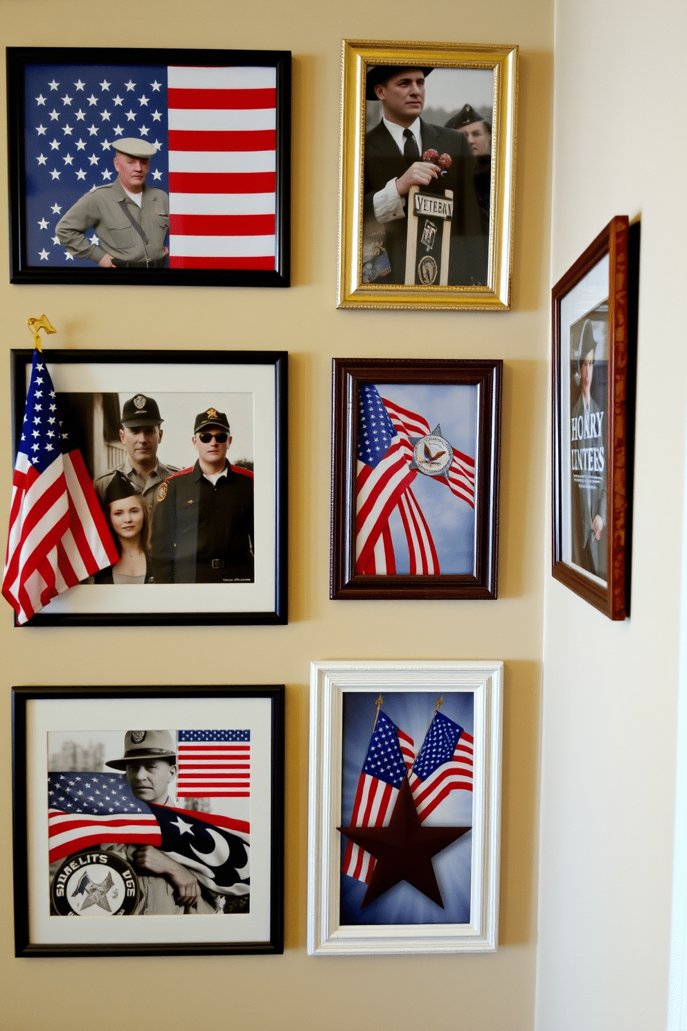 A patriotic themed hallway features a series of picture frames showcasing images of veterans and American flags. The frames are arranged in a visually appealing manner along a neutral-colored wall, complemented by red, white, and blue decor elements.