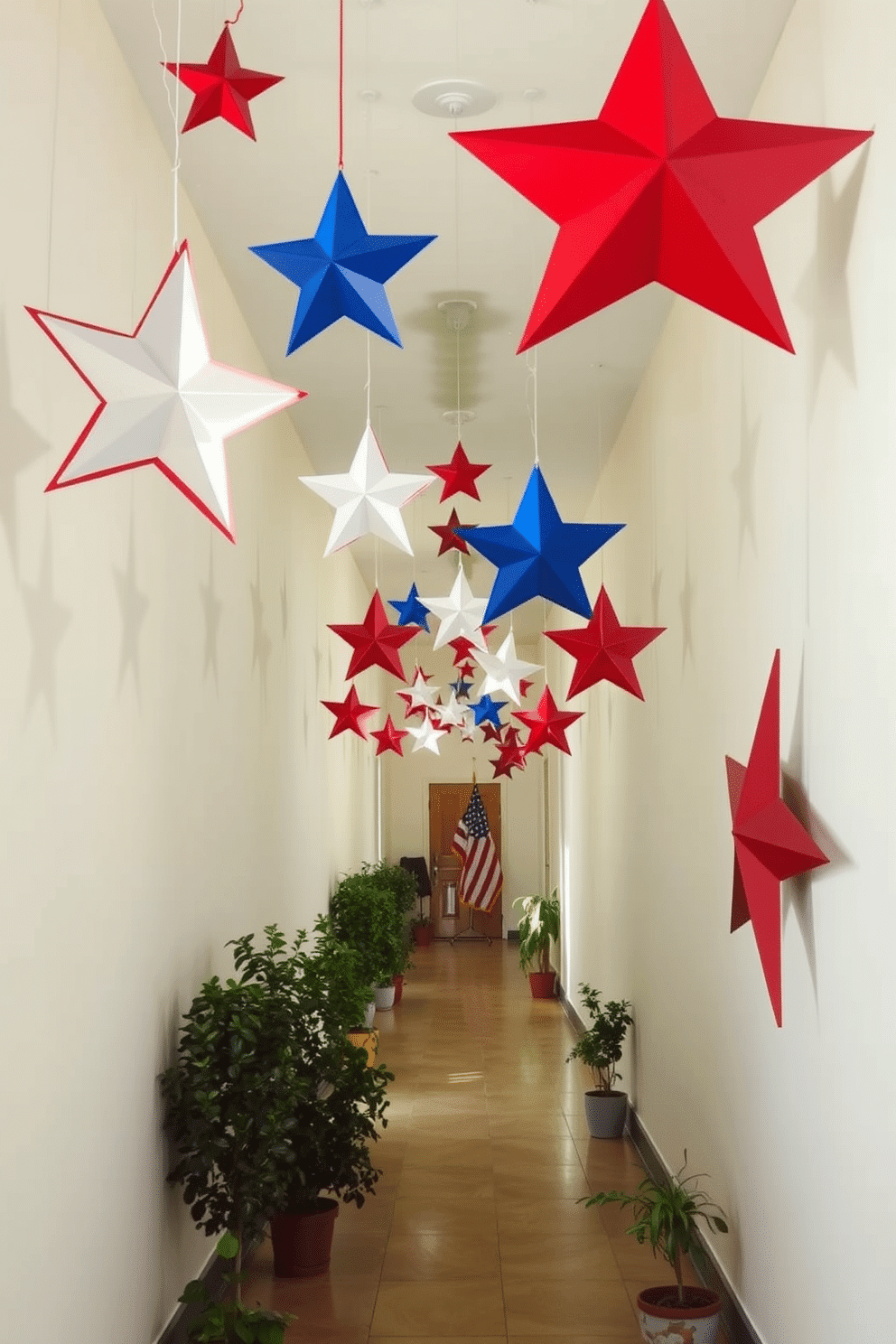 A hallway adorned with star-shaped decor hanging from the ceiling creates a festive atmosphere for Memorial Day. The stars are crafted from lightweight materials and come in various sizes, casting playful shadows on the walls. The walls are painted in a soft white, providing a bright backdrop for the vibrant red, white, and blue decorations. Along the hallway, small potted plants are placed on the floor to add a touch of greenery and warmth to the space.