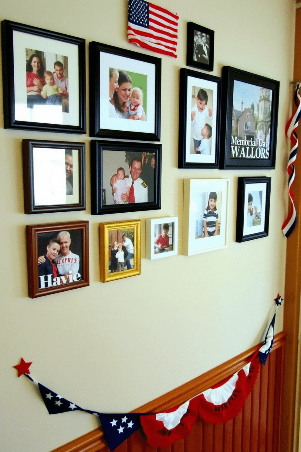 A Memorial Day themed photo gallery wall features a collection of framed photographs showcasing family memories and patriotic moments. The frames are arranged in a visually pleasing layout, with red, white, and blue accents enhancing the festive spirit. For Memorial Day hallway decorating ideas, consider incorporating bunting and garlands in traditional colors to create a welcoming atmosphere. Add small decorative elements like stars and stripes to complement the holiday theme and evoke a sense of pride.