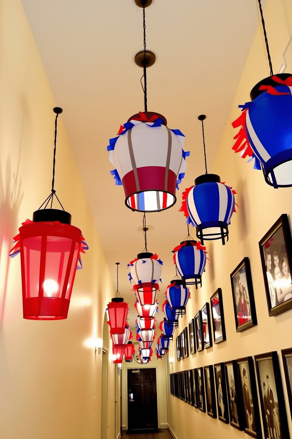 Decorative lanterns in red, white, and blue hang from the ceiling, casting a warm glow throughout the hallway. The walls are adorned with framed photographs of past Memorial Day celebrations, adding a personal touch to the festive decor.