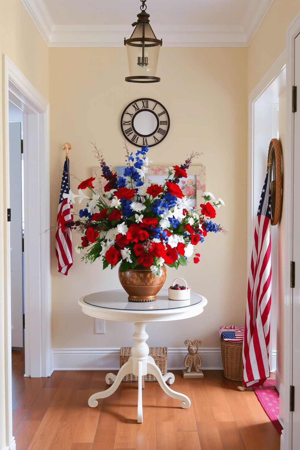 A charming hallway adorned with a table featuring a vibrant arrangement of red, white, and blue flowers. The table is set against a softly painted wall, with decorative accents that evoke a festive Memorial Day spirit.