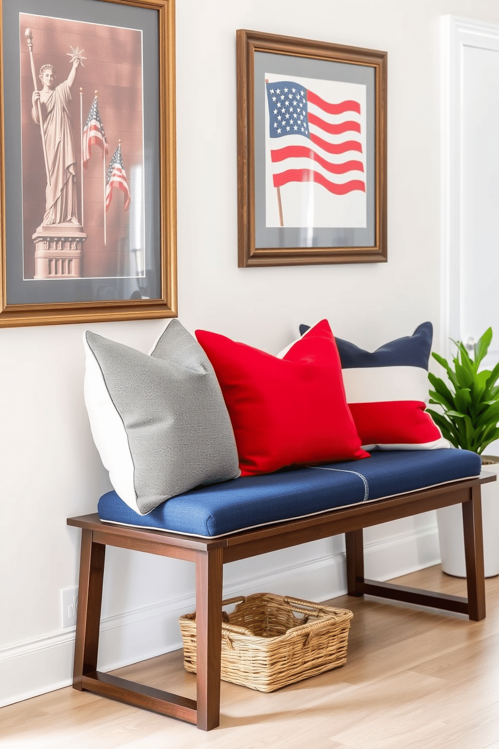 Seasonal throw pillows in red white and blue are arranged on a sleek wooden bench in a bright hallway. The bench is positioned against a wall adorned with framed patriotic artwork and a small potted plant adds a touch of greenery.