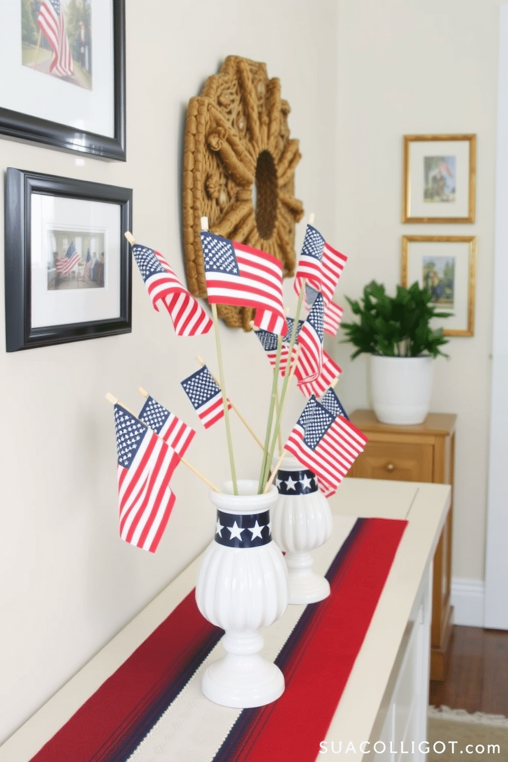 Create a festive hallway setting for Memorial Day featuring miniature flags in decorative vases. The vases are arranged on a console table adorned with a red, white, and blue runner, while the walls are decorated with framed patriotic artwork.