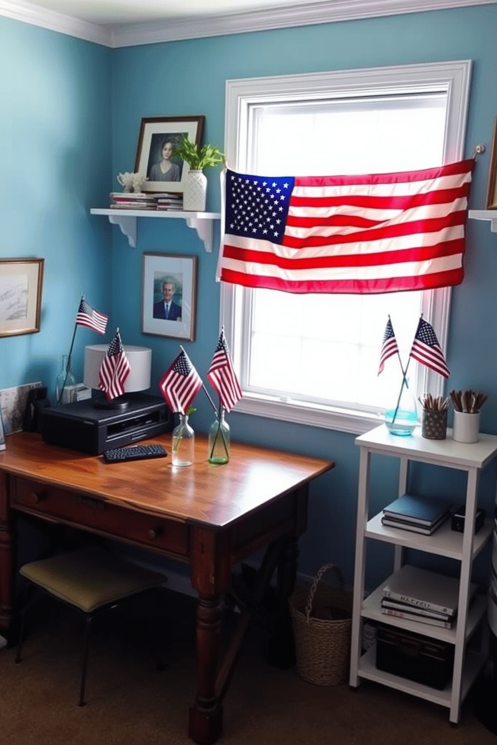 A cozy home office space decorated for Memorial Day. Small flags are placed in decorative vases on the desk and shelves, adding a festive touch to the room. The walls are painted in a soft blue hue, creating a calming atmosphere. A rustic wooden desk is positioned near a window, allowing natural light to illuminate the workspace.