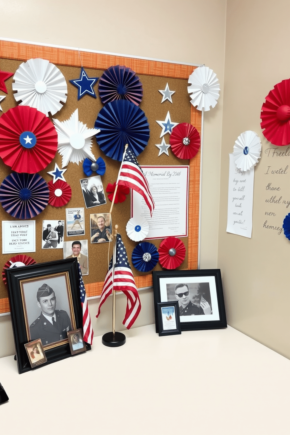 A patriotic themed bulletin board display filled with red white and blue decorations. There are stars and stripes motifs along with photographs of military heroes and flags pinned in an artistic arrangement. Memorial Day home office decorating ideas featuring a desk adorned with a small American flag and a framed picture of a veteran. The walls are decorated with inspirational quotes about freedom and sacrifice, complemented by a red white and blue color scheme.