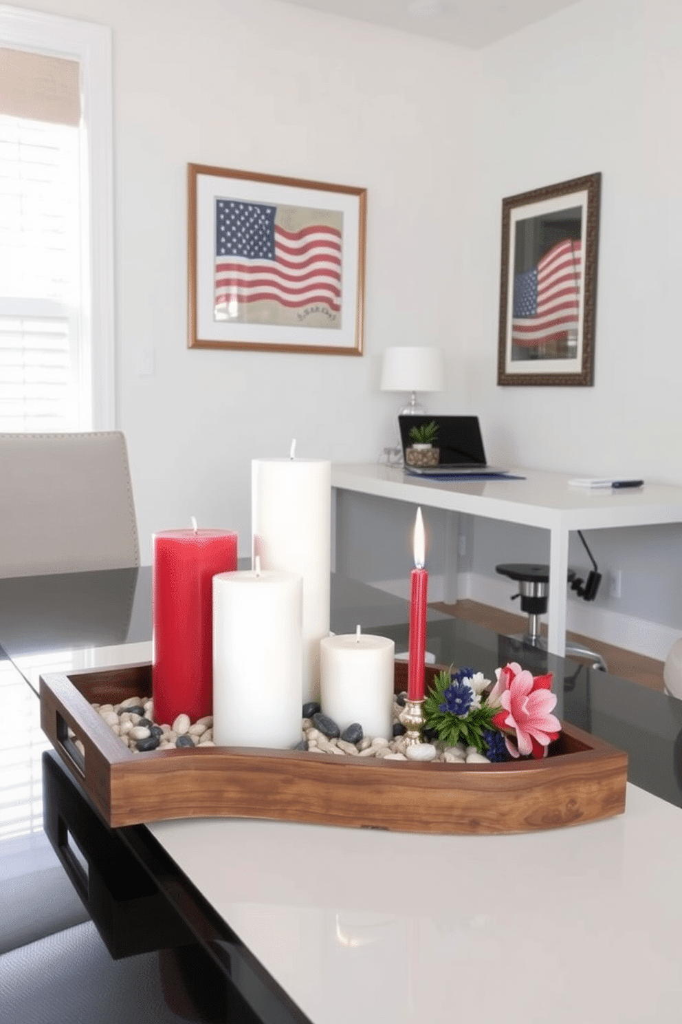 A beautiful candle arrangement featuring red white and blue candles of varying heights is displayed on a rustic wooden tray. The tray is accented with small decorative stones and a few fresh flowers to enhance the patriotic theme. In the home office, a sleek desk is paired with a comfortable ergonomic chair, creating a functional yet stylish workspace. The walls are adorned with framed artwork that reflects the spirit of Memorial Day, adding a personal touch to the decor.