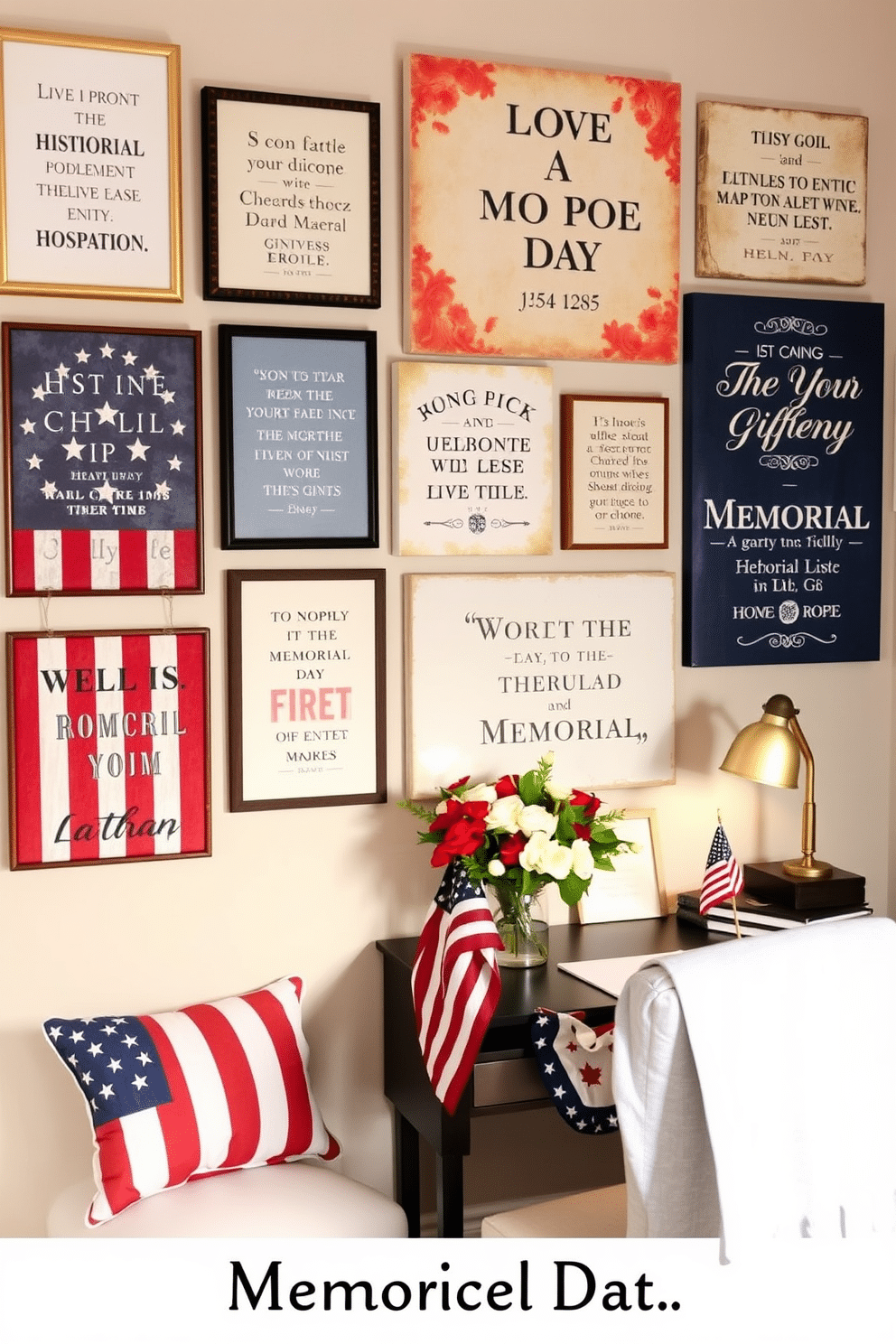 A collection of inspiring Memorial Day quotes is displayed on a gallery wall, featuring a mix of framed prints and canvas pieces. The quotes are artistically arranged in various sizes, with a patriotic color palette of red, white, and blue. The home office is decorated with subtle Memorial Day themes, incorporating elements like a vintage American flag and a desk adorned with seasonal flowers. A comfortable chair and warm lighting create a welcoming workspace, perfect for reflecting on the holiday's significance.