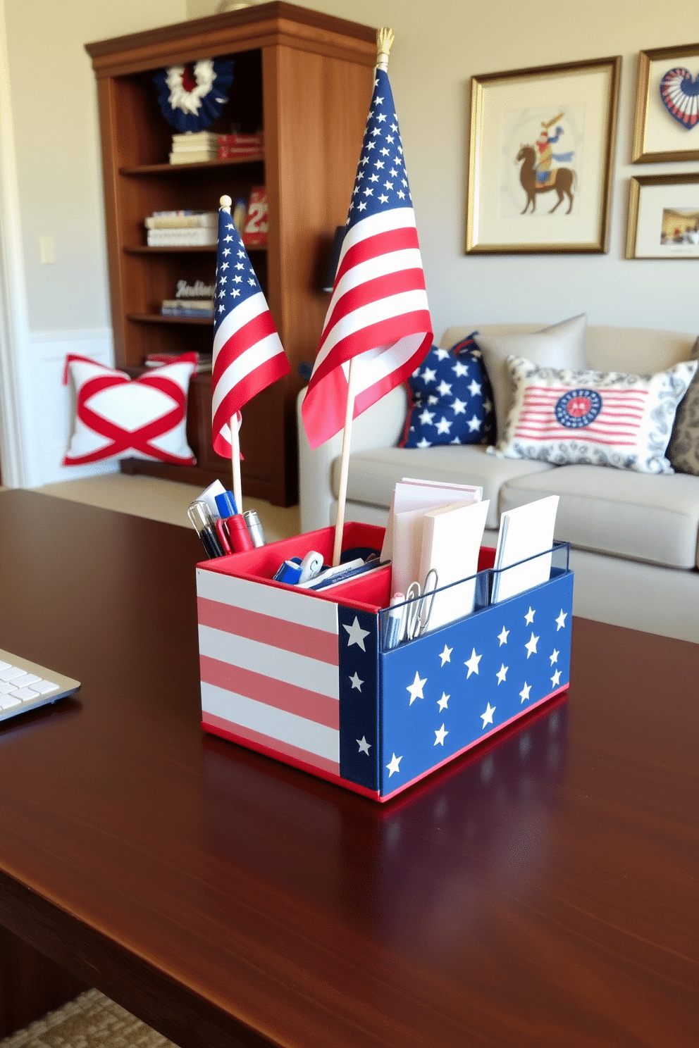 A stylish desk organizer in red, white, and blue sits on a sleek wooden desk. The organizer features compartments for pens, paper clips, and notepads, adding a patriotic touch to the workspace. The home office is adorned with subtle Memorial Day decorations. A small flag is placed in a vase, and red, white, and blue accents are incorporated through throw pillows and artwork.