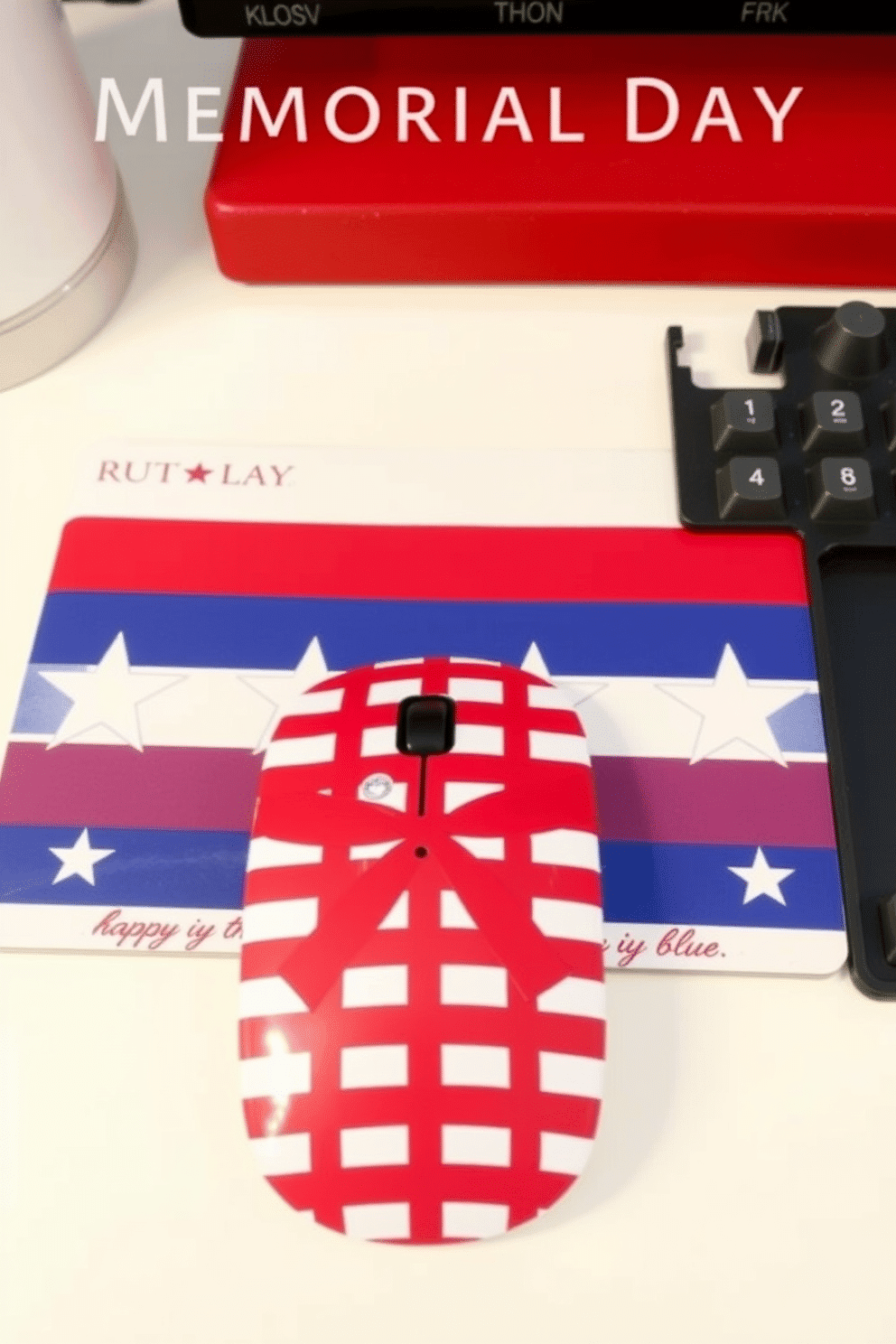 A patriotic themed mouse pad design featuring a bold American flag pattern with vibrant red and blue colors. The design incorporates stars and stripes, creating a visually striking and festive look. For Memorial Day home office decorating ideas, use red white and blue accents throughout the space to honor the holiday. Incorporate elements such as themed throw pillows and wall art that celebrate American pride and remembrance.