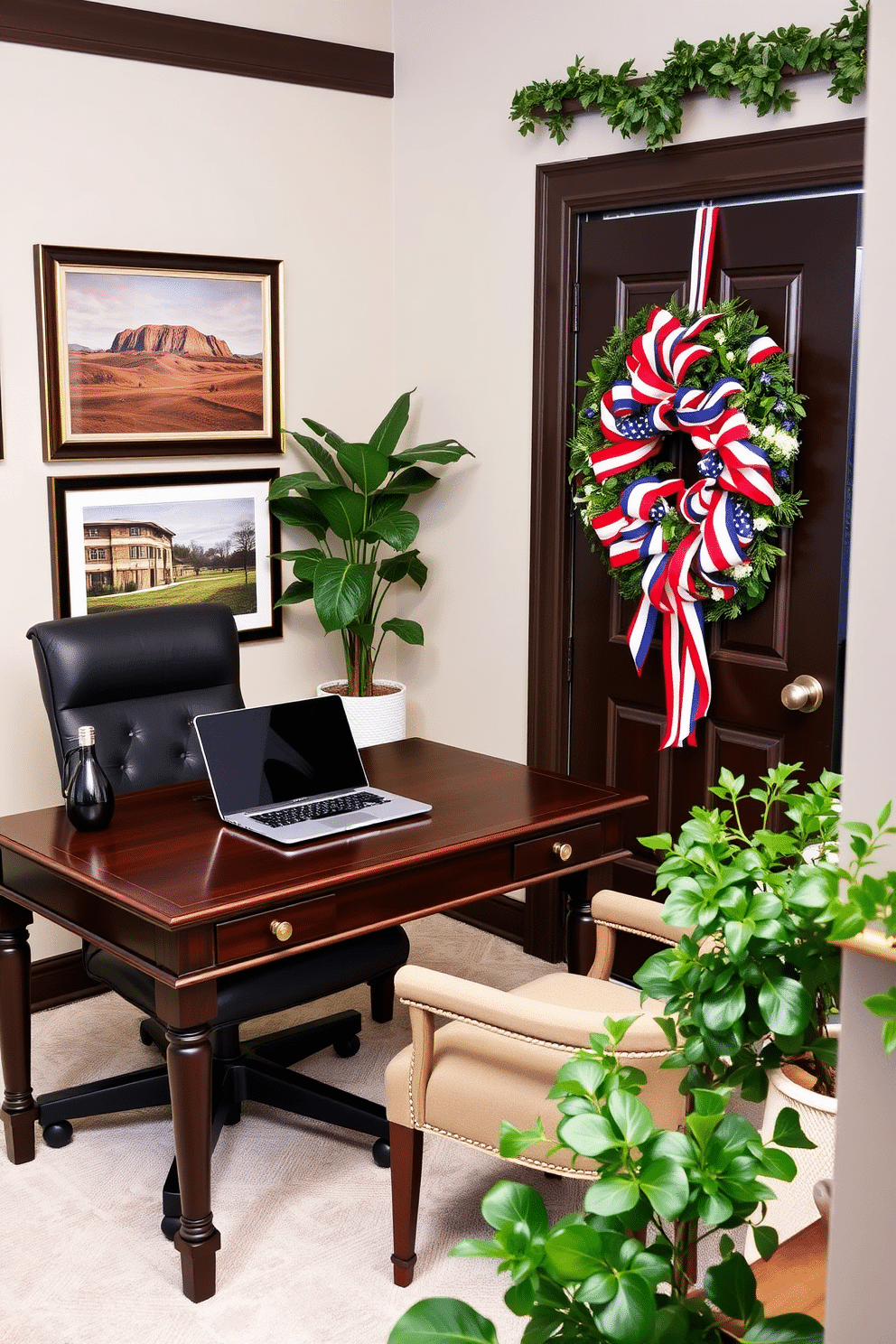 A stylish home office adorned with seasonal greenery and patriotic ribbons. The desk is made of dark wood and features a sleek laptop, while a comfortable chair is positioned nearby. On the walls, framed art depicting American landscapes adds a touch of patriotism. A large potted plant sits in the corner, and a festive wreath made of red, white, and blue ribbons hangs on the door.