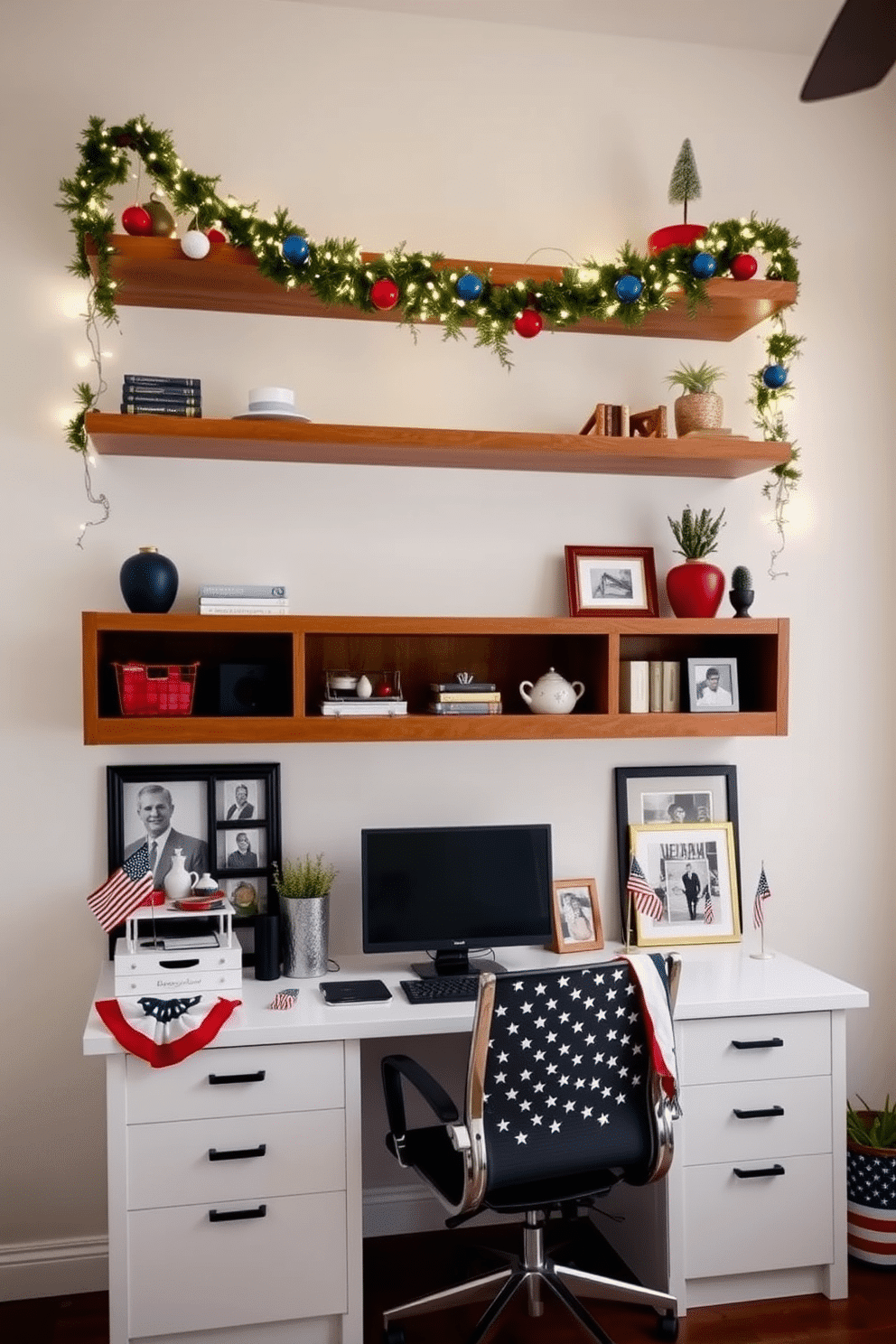 A festive garland drapes elegantly over the wooden shelves, adorned with twinkling fairy lights and vibrant red, white, and blue accents. Below, a neatly organized home office features a sleek desk with a comfortable chair, complemented by patriotic decor that inspires productivity and celebration. For Memorial Day, the home office is decorated with framed photographs of past celebrations and small flags placed strategically around the workspace. A cozy throw blanket in stars and stripes adds warmth to the room, creating an inviting atmosphere for reflection and creativity.