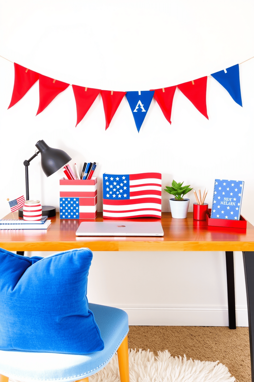 A patriotic home office setting featuring desk accessories in red, white, and blue. The desk is adorned with a vibrant flag-themed organizer, a matching pen holder, and a sleek notebook with stars and stripes. The walls are painted in a soft white, creating a bright and airy atmosphere. A comfortable chair with a blue cushion complements the theme, while a small potted plant adds a touch of greenery to the workspace.