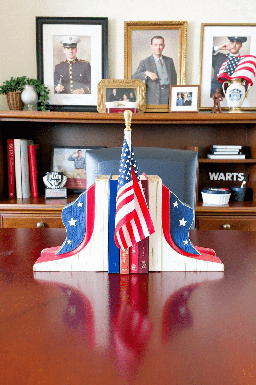 Patriotic themed bookends for shelves. The bookends are designed as a pair of stylized American flags, crafted from polished wood with vibrant red, white, and blue finishes. Memorial Day Home Office Decorating Ideas. The office features a rustic wooden desk adorned with a small flag centerpiece and framed photographs of military heroes, complemented by red, white, and blue accents throughout the space.