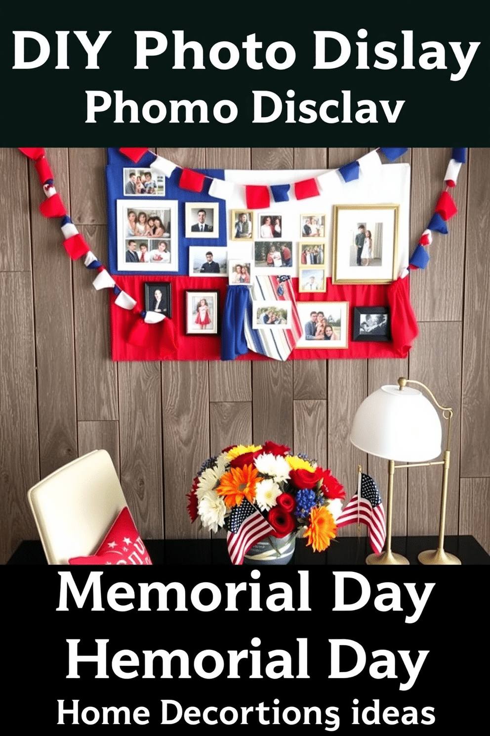 A DIY photo display featuring flag colors is arranged on a rustic wooden wall. The display includes a mix of framed photographs and colorful bunting, creating a vibrant and patriotic atmosphere. For Memorial Day home office decorating ideas, the workspace is adorned with red, white, and blue accents. A stylish desk is complemented by a flag-themed desk mat and a centerpiece of fresh flowers in seasonal colors.