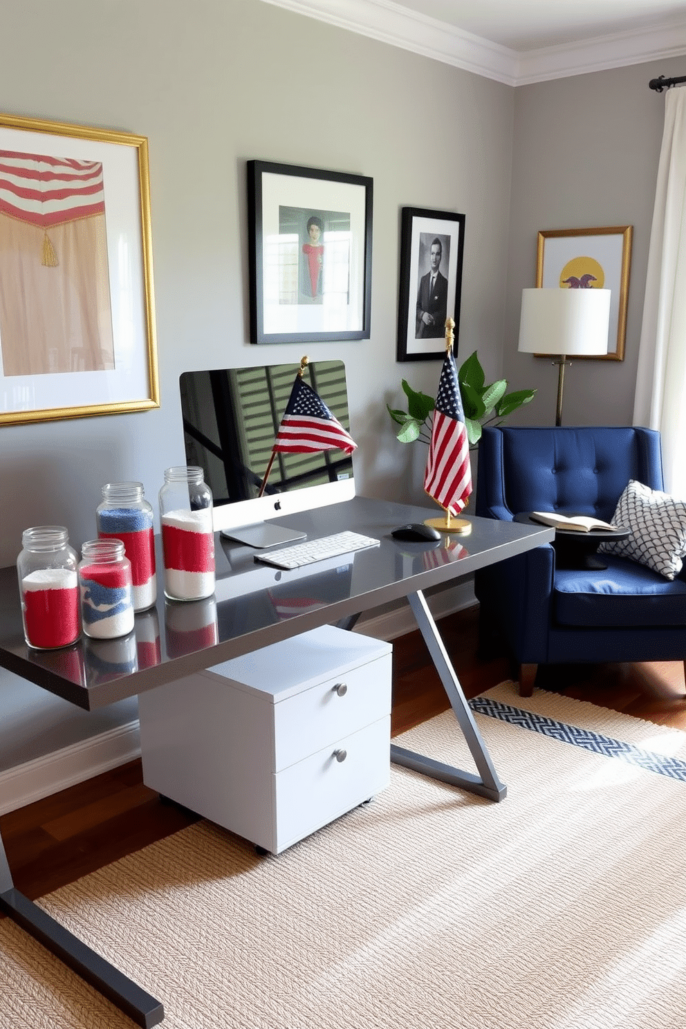 A stylish home office decorated for Memorial Day. On a sleek desk, decorative jars filled with colored sand in red, white, and blue hues add a festive touch, while a small American flag stands proudly next to the computer. The walls are adorned with framed patriotic art, and a cozy armchair in navy blue offers a comfortable reading nook. A woven rug in complementary colors ties the space together, creating an inviting atmosphere for productivity and reflection.