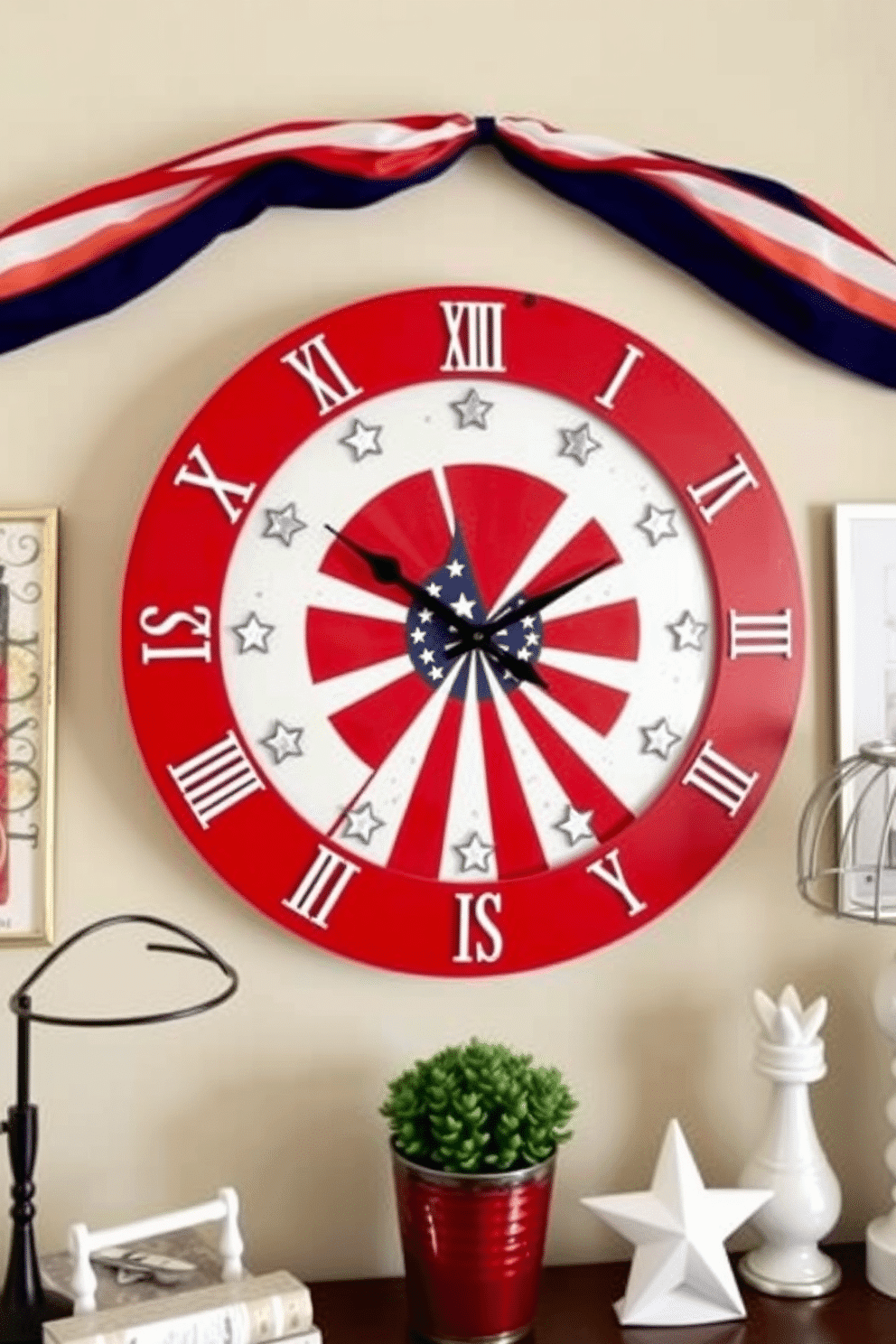 A patriotic themed wall clock design features a circular face with a bold red white and blue color scheme. The clock hands are styled as stars and stripes creating a striking visual that celebrates national pride. For Memorial Day home office decorating ideas consider incorporating red white and blue accents throughout the space. Use themed artwork and decorative items to create a warm and respectful atmosphere that honors the holiday.