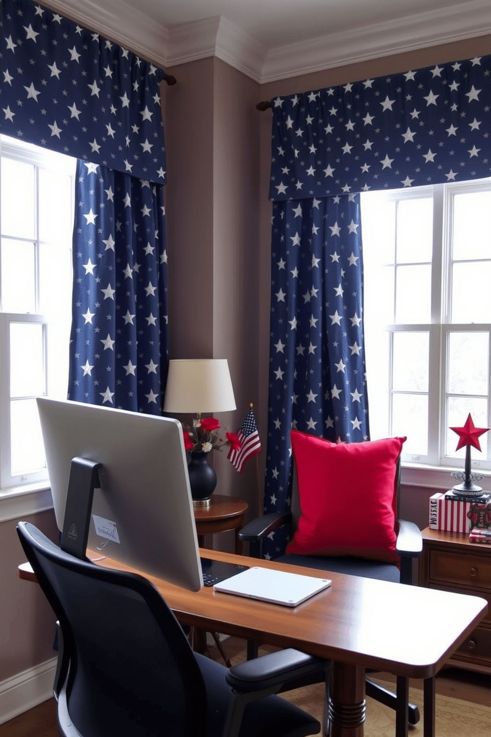 A cozy home office featuring star patterned curtains framing large windows that let in natural light. The curtains are a deep navy blue with white stars, creating a whimsical yet sophisticated atmosphere. The workspace includes a sleek wooden desk with a comfortable ergonomic chair. Decorated with red, white, and blue accents, the office embodies a festive Memorial Day spirit while maintaining a professional look.