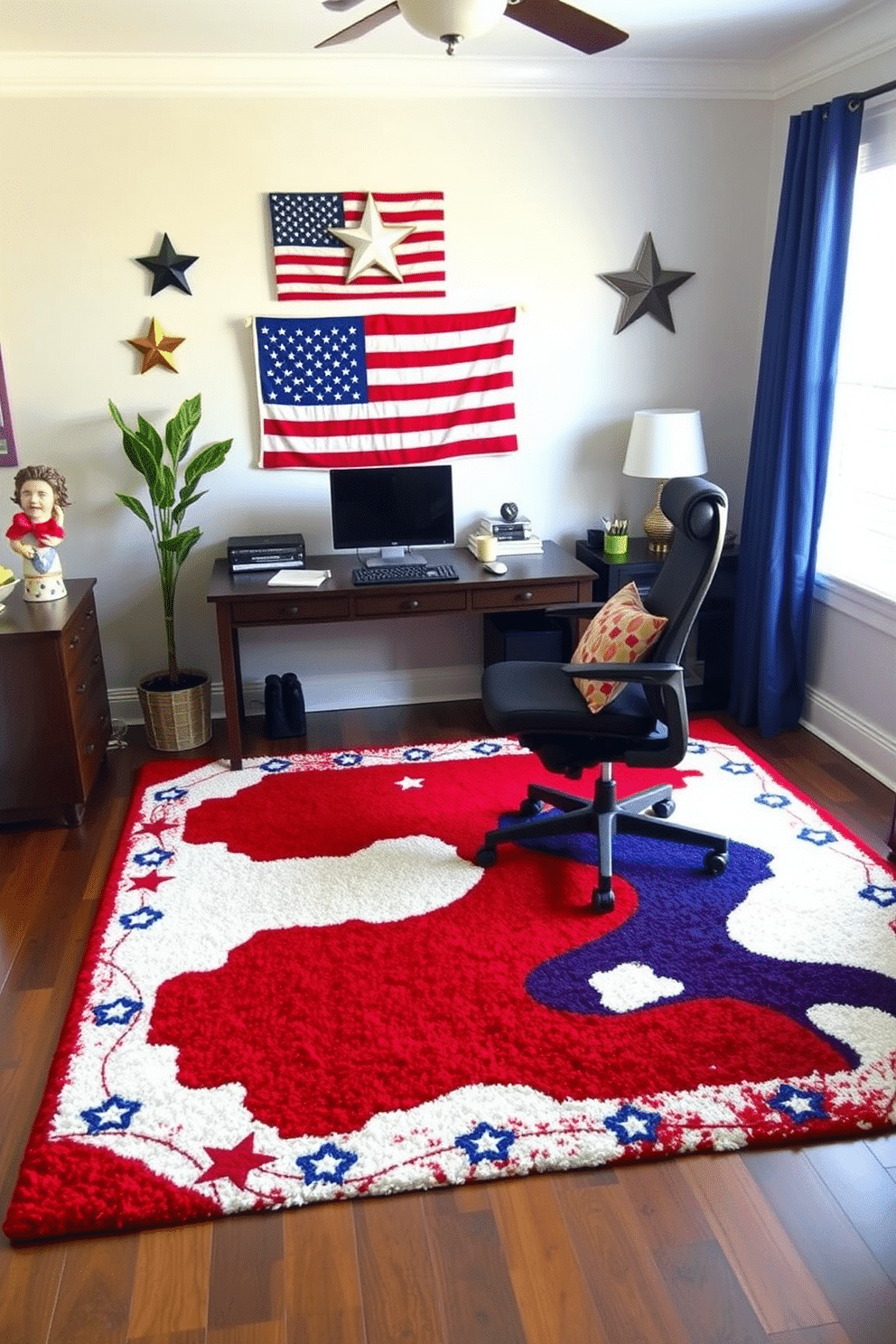 A stylish home office featuring a red white and blue area rug that adds a festive touch to the space. The desk is made of dark wood, complemented by a comfortable ergonomic chair and patriotic-themed decor on the walls.