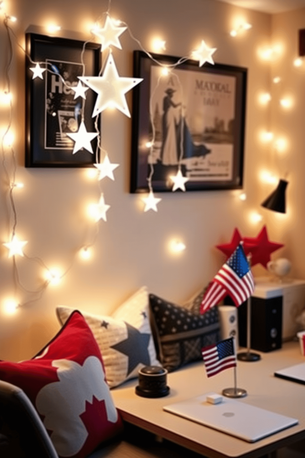 A cozy home office space illuminated by star shaped fairy lights creates a warm and inviting atmosphere. The lights are draped across a wall, adding a touch of whimsy to the professional setting. For Memorial Day, the office is adorned with red, white, and blue accents to celebrate the holiday. A patriotic theme is reflected in decorative pillows and a small flag displayed on the desk.