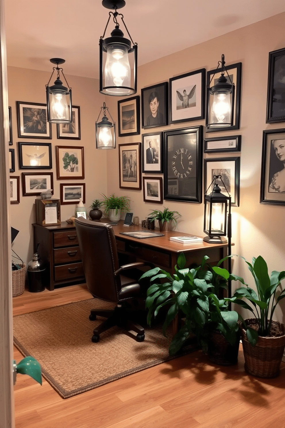 A cozy home office featuring vintage lanterns for ambient lighting. The room is adorned with a rustic wooden desk and a comfortable leather chair, creating a warm and inviting atmosphere. The walls are painted in a soft beige, complemented by a gallery of framed artwork. A woven rug lies beneath the desk, and potted plants add a touch of greenery to the space.