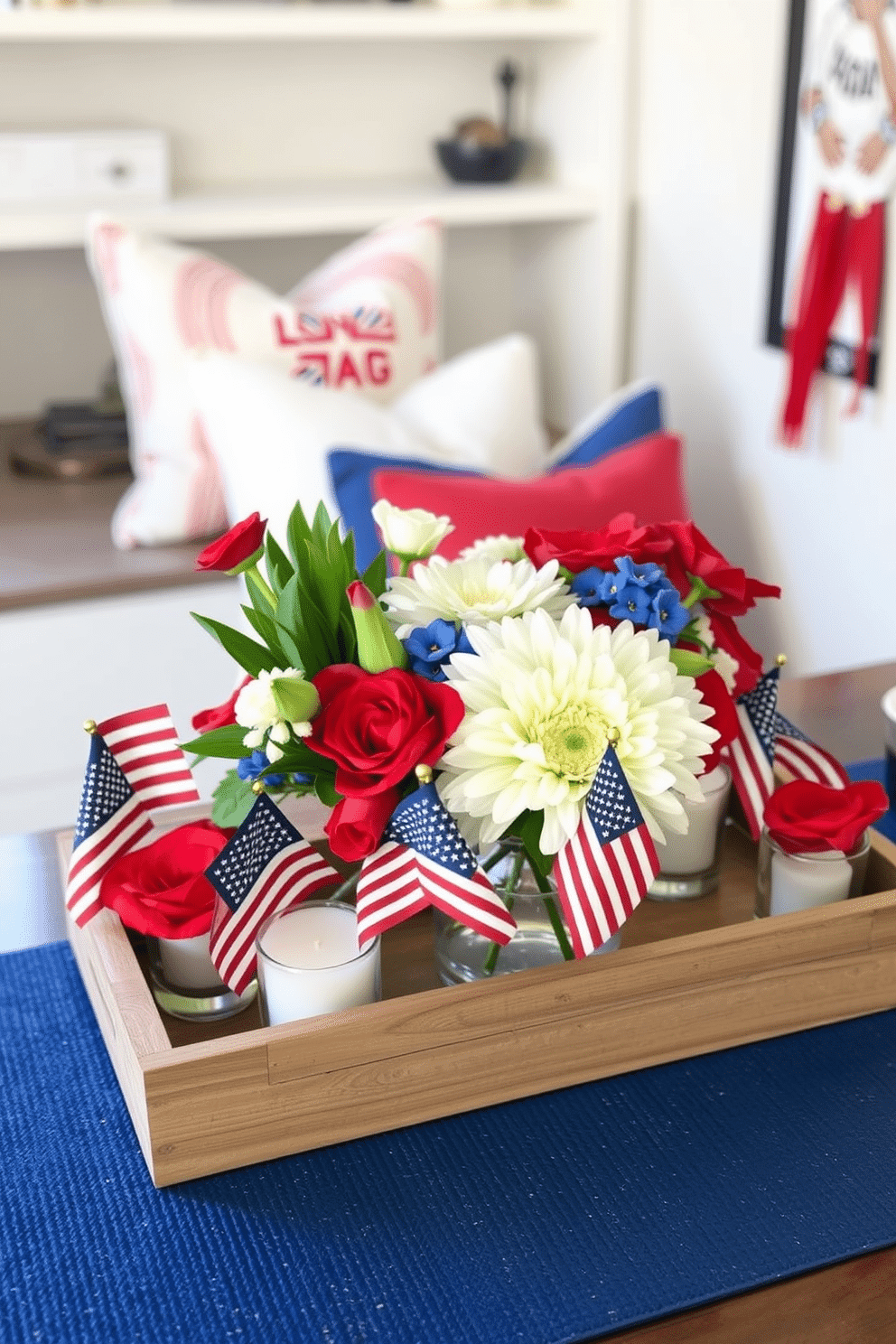 A Memorial Day themed desk centerpiece featuring a rustic wooden tray filled with red white and blue flowers. Surrounding the flowers are small American flags and candles in glass holders for a festive touch. For Memorial Day home office decorating ideas consider incorporating patriotic colors into your workspace. Use a blue desk mat and red accents like a throw pillow or wall art to create a cohesive look.