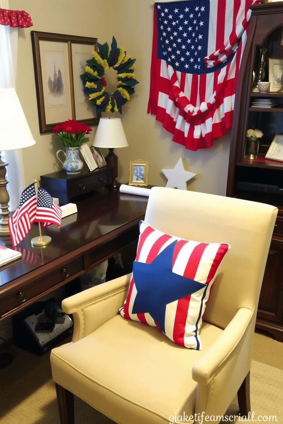 A cozy home office decorated for Memorial Day features a comfortable chair adorned with star and stripe throw pillows. The desk is styled with patriotic accents, including a small American flag and red, white, and blue decorative items.