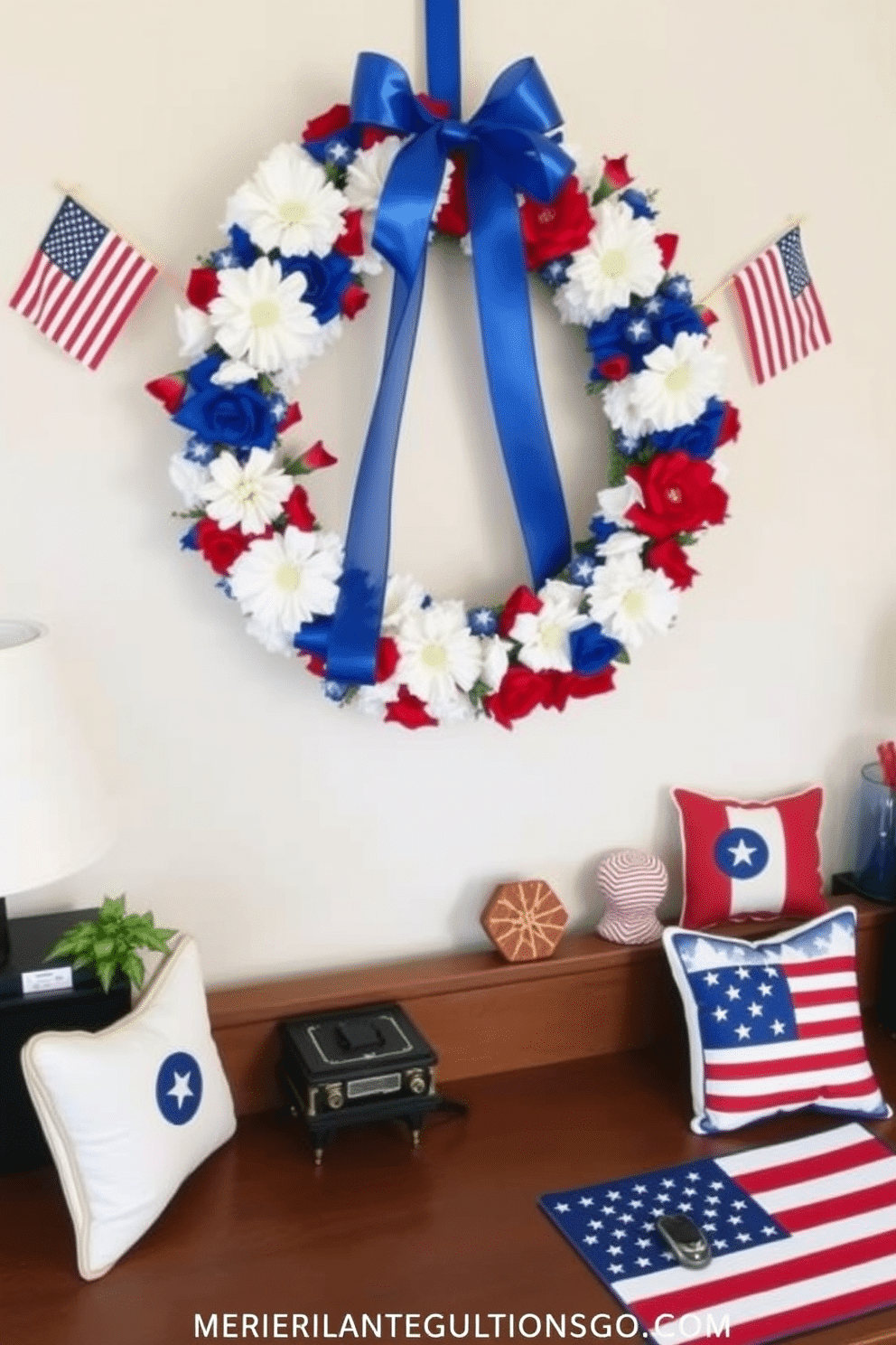 A DIY wreath made with red white and blue flowers and ribbons. The wreath is adorned with small American flags and star shaped decorations. A home office decorated for Memorial Day featuring a patriotic color scheme. The desk is adorned with red white and blue accents including a flag themed mouse pad and decorative cushions.