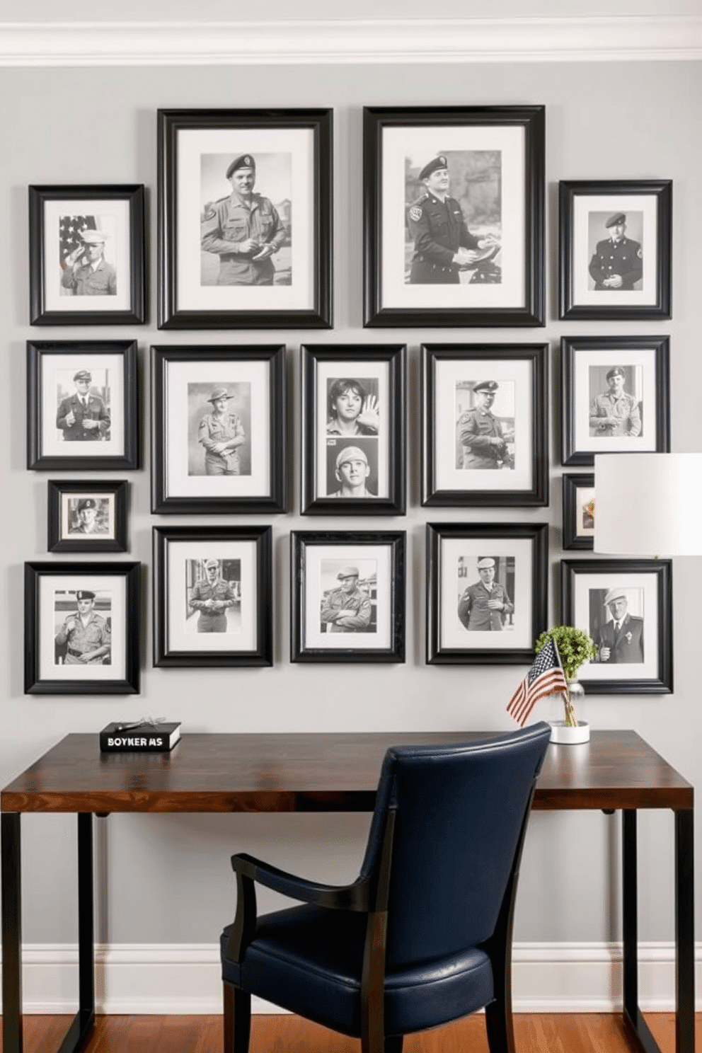 A gallery wall featuring framed military service photos creates a powerful tribute in the home office. The arrangement includes various sizes of frames with black and white images, set against a soft gray wall, enhancing the emotional impact of the display. Incorporate patriotic colors and themes in the decor to honor the service members. A sleek desk with a dark wood finish complements the gallery, while a comfortable chair in navy blue adds a touch of elegance and functionality.