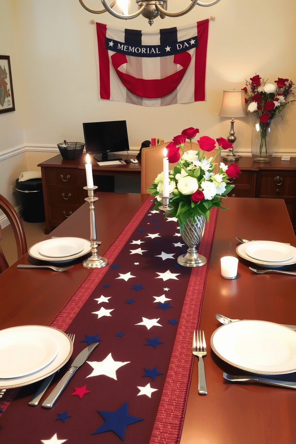 A festive table runner adorned with stars stretches across a beautifully set dining table. The runner is complemented by elegant dinnerware and twinkling candle holders, creating a warm and inviting atmosphere. For Memorial Day, the home office is decorated with red, white, and blue accents. A patriotic banner hangs on the wall, while a vase filled with fresh flowers adds a touch of color to the workspace.