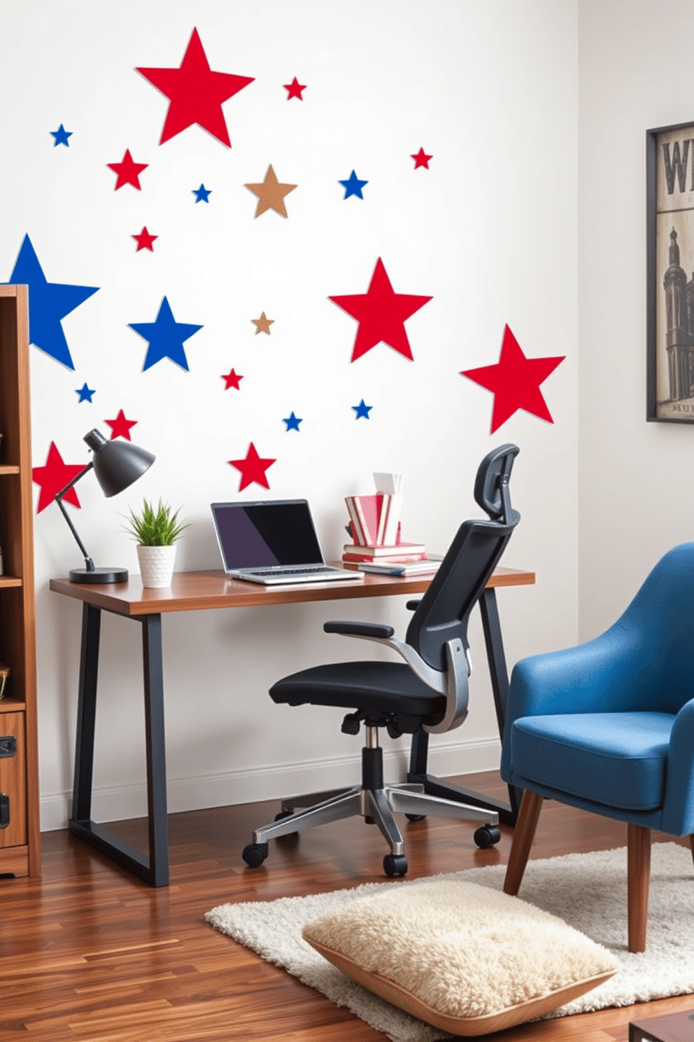 A home office adorned with red white and blue wall decals creates a patriotic atmosphere. The decals feature stars and stripes that complement a sleek wooden desk and a comfortable ergonomic chair. On the desk, a stylish laptop is paired with a decorative plant and a set of vibrant notebooks. A cozy armchair in the corner invites relaxation, while a soft rug ties the room together with a touch of warmth.