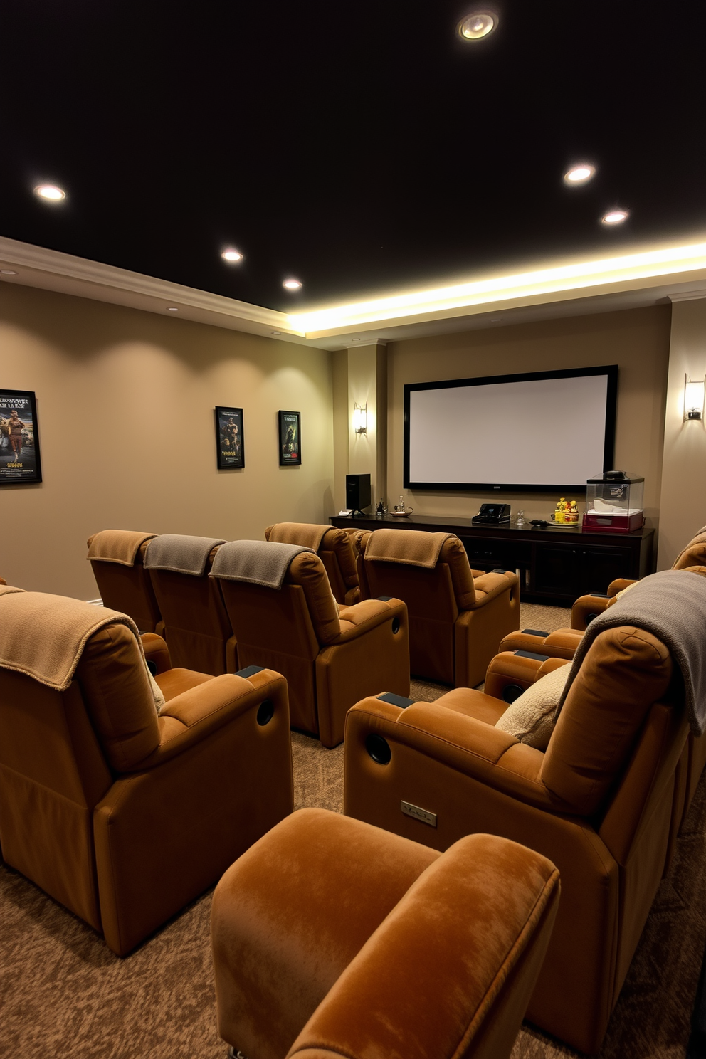 Cozy recliners arranged in a semi-circle create an inviting atmosphere for relaxation. Each chair features plush upholstery in warm earth tones, complemented by soft throw blankets draped over the arms. In the background, a large screen is mounted on the wall, surrounded by subtle ambient lighting. Decorative elements such as framed movie posters and a popcorn machine enhance the home theater experience.