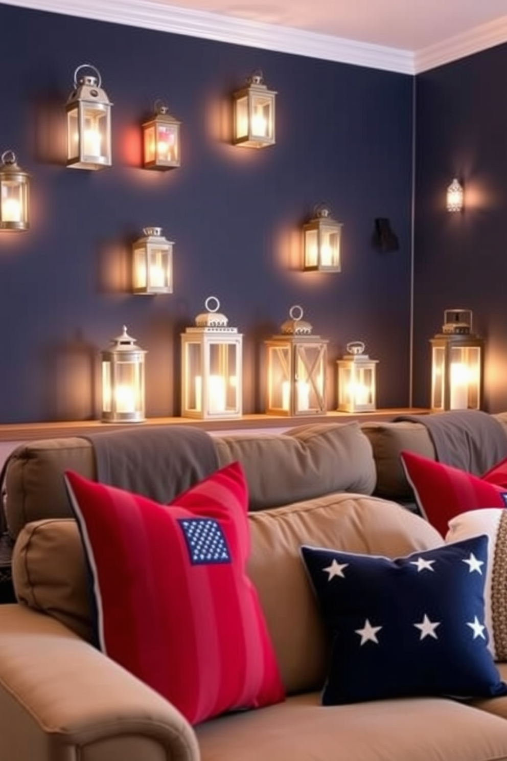 A cozy home theater setting adorned with decorative lanterns that provide soft, ambient lighting. The walls are painted in a deep navy blue, and plush seating is arranged to create an inviting atmosphere for movie nights. The lanterns are scattered throughout the space, casting a warm glow that enhances the cinematic experience. Accent pillows in red, white, and blue add a festive touch in honor of Memorial Day, creating a perfect blend of comfort and celebration.