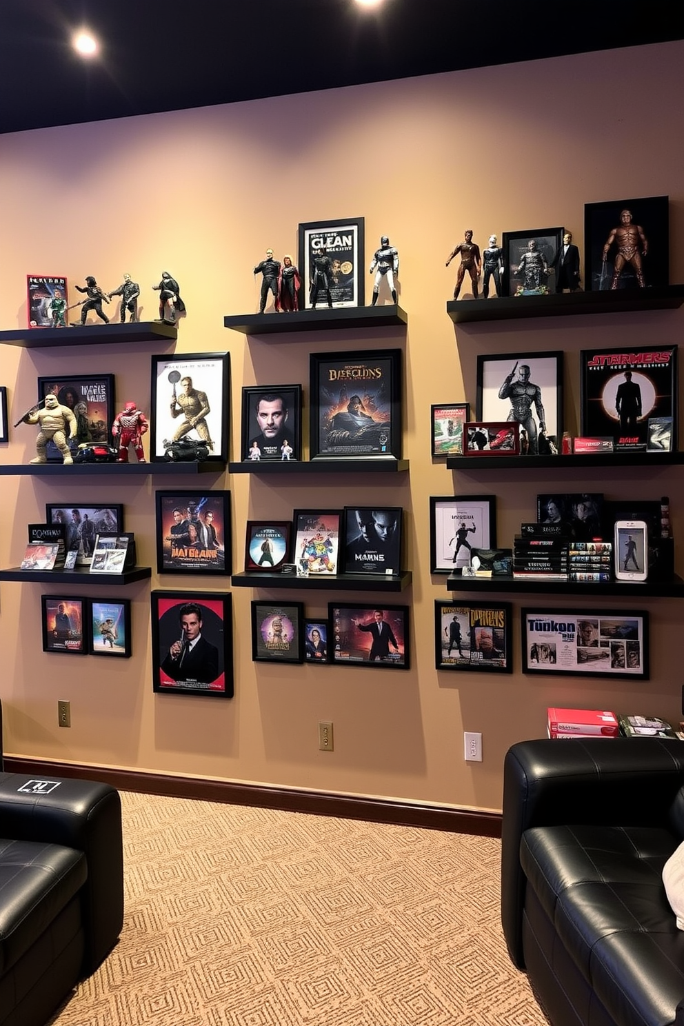 A cozy home theater setting with wall-mounted shelves displaying an array of movie memorabilia. The shelves are filled with action figures, framed posters, and collectibles, creating a vibrant atmosphere for film enthusiasts.