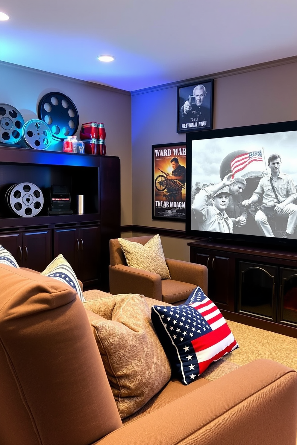 Classic film reels as decor accents create a nostalgic atmosphere in a home theater. The reels are displayed on a dark wooden shelf, surrounded by vintage movie posters and soft ambient lighting. For Memorial Day, incorporate red, white, and blue accents into your home theater design. Plush seating with patriotic throw pillows complements the festive decor, while a large screen showcases classic war films for a meaningful viewing experience.