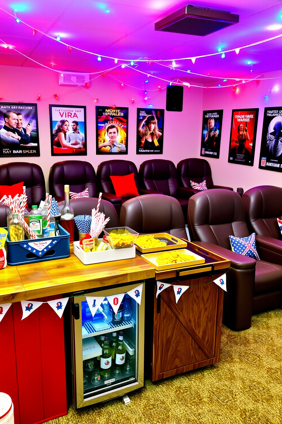 A themed snack bar designed for a Memorial Day celebration features a vibrant red, white, and blue color scheme. The bar includes a rustic wooden countertop adorned with patriotic bunting, serving trays filled with festive snacks, and a cooler stocked with drinks. In the background, a cozy home theater setup showcases plush seating with red and blue cushions. Movie posters with patriotic themes adorn the walls, and string lights in red, white, and blue create a festive atmosphere.