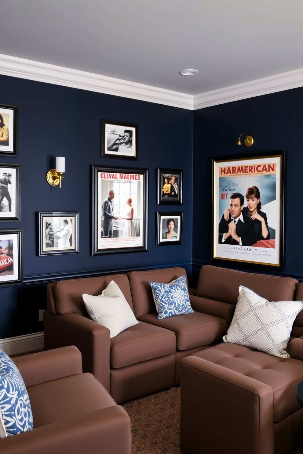 A cozy home theater adorned with framed photographs of classic American cinema. The walls are painted a deep navy blue, and plush seating is arranged for optimal viewing comfort. Above the seating, vintage movie posters are displayed alongside the photographs, creating a nostalgic ambiance. Soft lighting is provided by sconces, enhancing the cinematic experience while honoring Memorial Day with subtle patriotic decor.