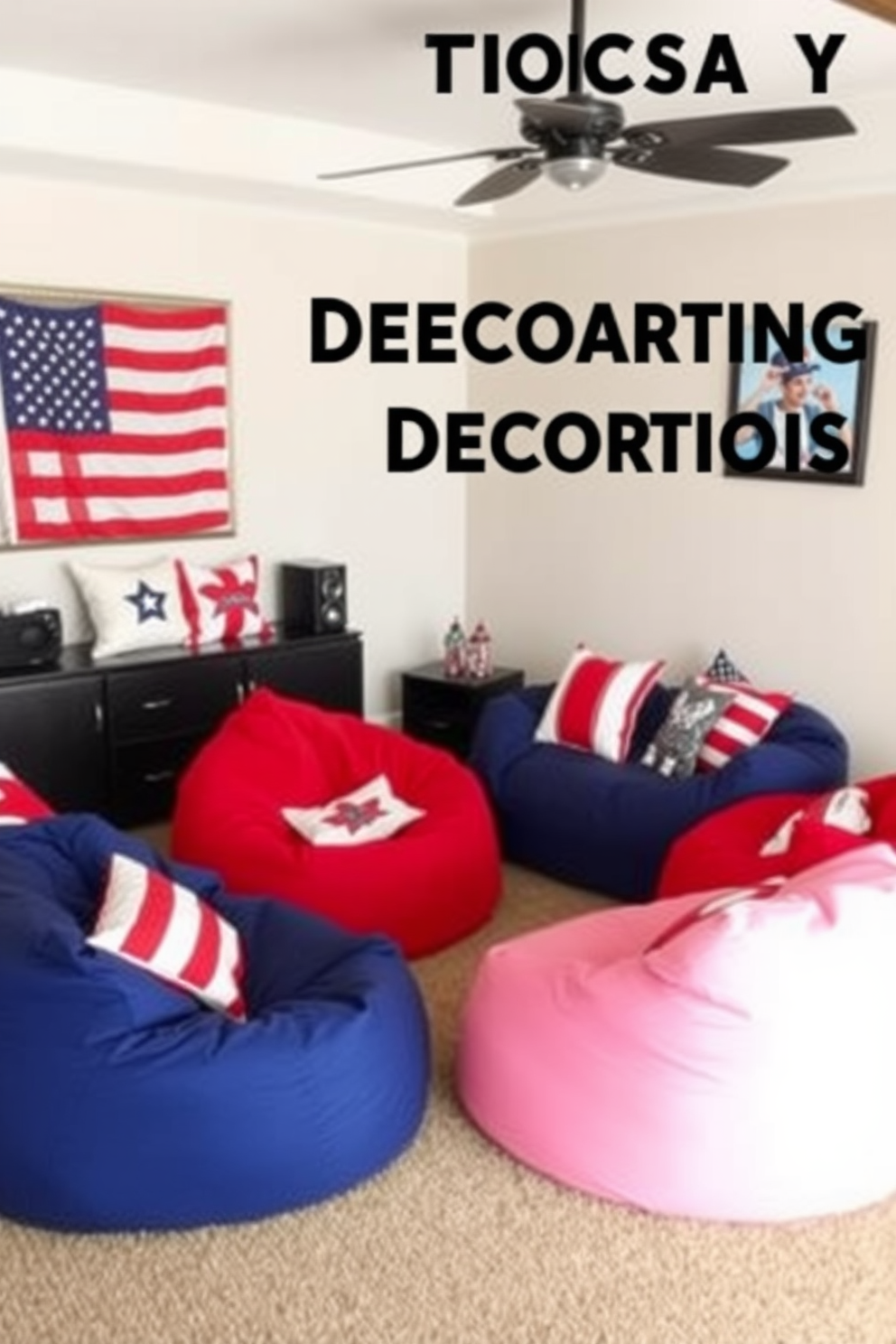 Comfortable bean bags for casual seating. The room features oversized, colorful bean bags arranged in a cozy circle, inviting relaxation and conversation. Memorial Day Home Theater Decorating Ideas. The space is adorned with red, white, and blue accents, including themed cushions and festive wall art, creating a patriotic atmosphere for movie viewing.