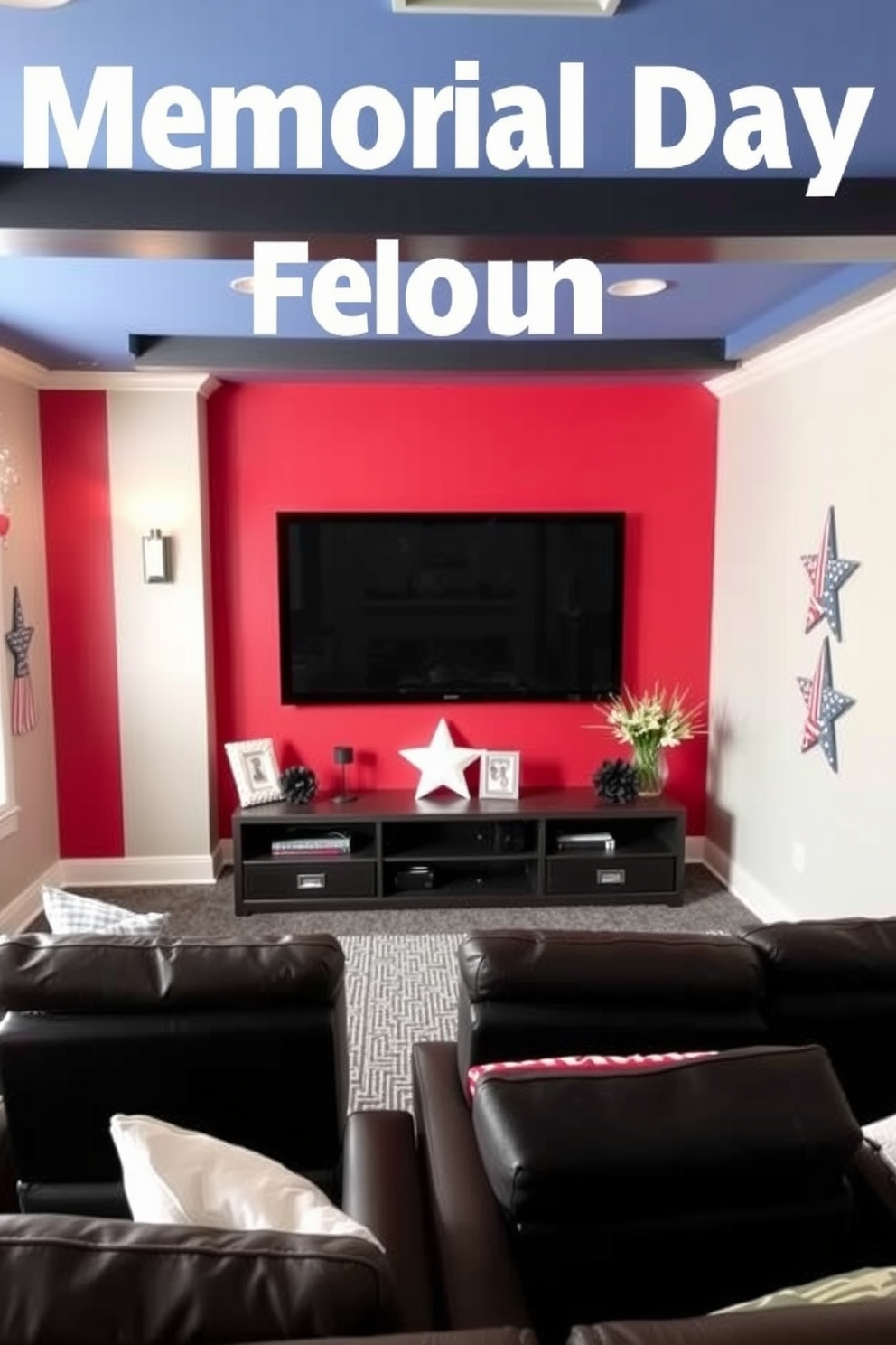 Create a home theater that features an accent wall painted in patriotic colors to celebrate Memorial Day. The space should include comfortable seating, a large screen, and decorative elements that reflect the theme, such as stars and stripes.