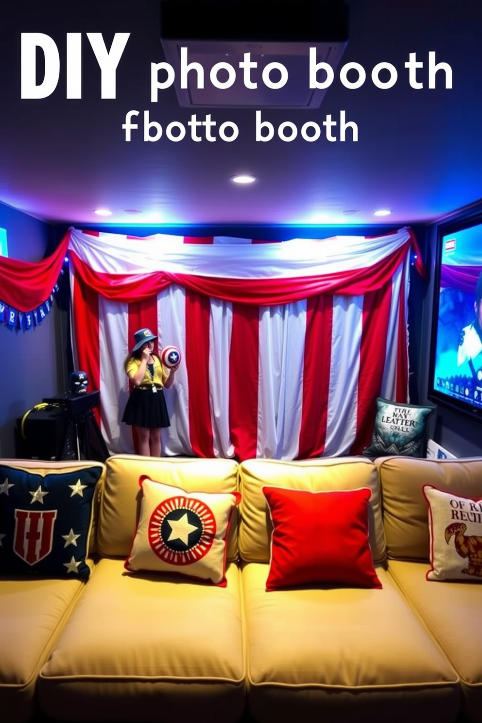 A DIY photo booth features a vibrant flag backdrop adorned with red white and blue colors. The setup includes fun props like hats and glasses for guests to enjoy during the Memorial Day celebrations. The home theater is designed with plush seating and ambient lighting to create a cozy atmosphere. Decorate the space with themed cushions and a large screen for an immersive movie experience.