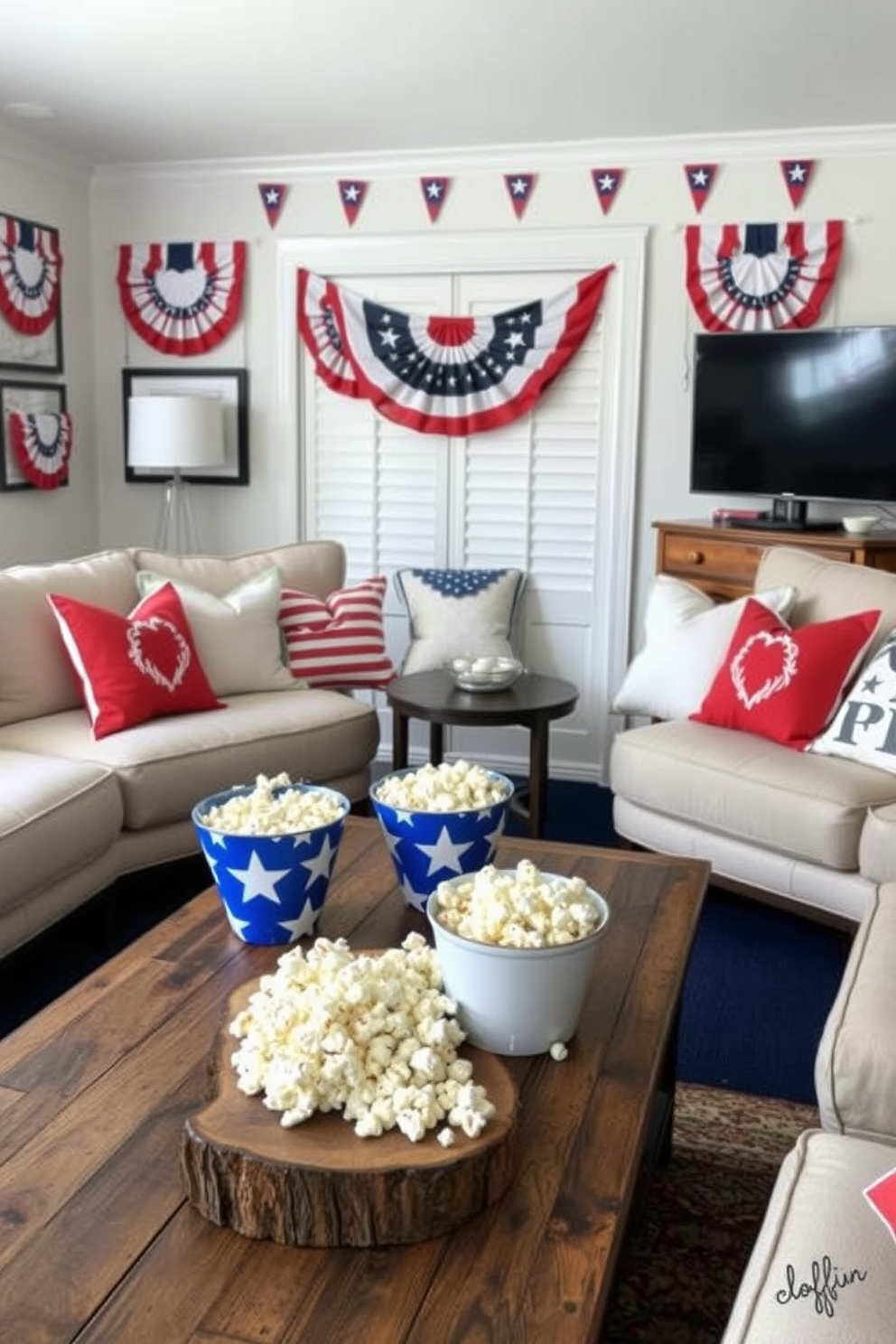 Create a cozy home theater setting for Memorial Day. The room features star-spangled popcorn bowls filled with snacks placed on a rustic wooden coffee table. The walls are adorned with patriotic decorations, including red, white, and blue banners. Soft, comfortable seating is arranged in a semi-circle, inviting guests to enjoy a festive movie night together.