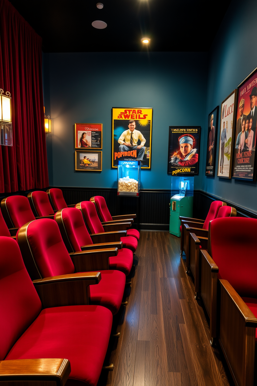 Vintage cinema chairs with rich burgundy upholstery are arranged in a semi-circle, creating an inviting atmosphere for movie nights. The room features soft ambient lighting that highlights the classic film posters adorning the walls, enhancing the nostalgic vibe. A popcorn machine sits in one corner, adding a playful touch to the decor while providing a fun snack option. The flooring is a dark wooden finish, complementing the vintage aesthetic and grounding the space beautifully.