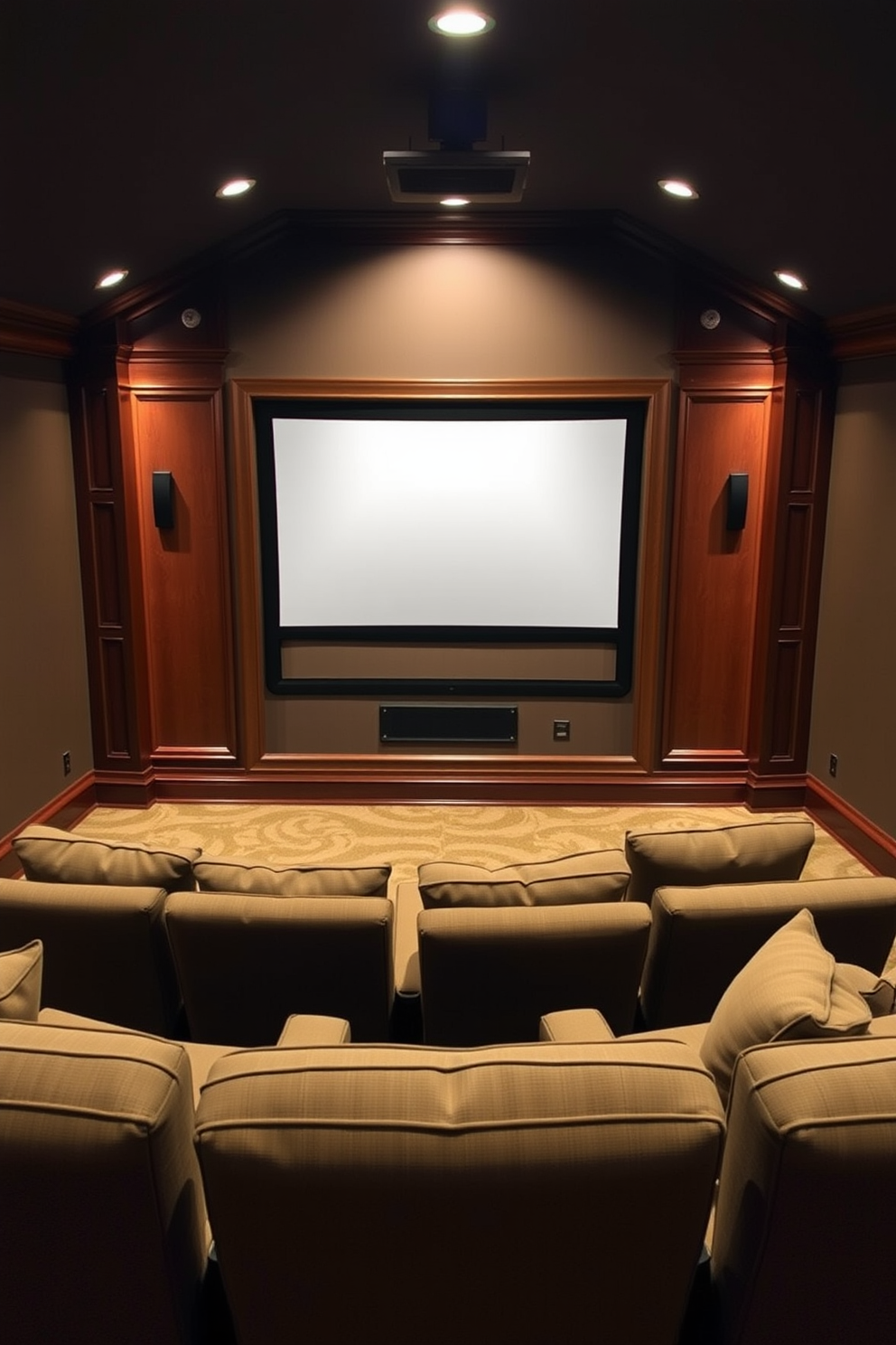 A cozy home theater featuring a projector screen framed with rich wooden accents. Plush seating arranged in a semi-circle faces the screen, with soft ambient lighting illuminating the space.