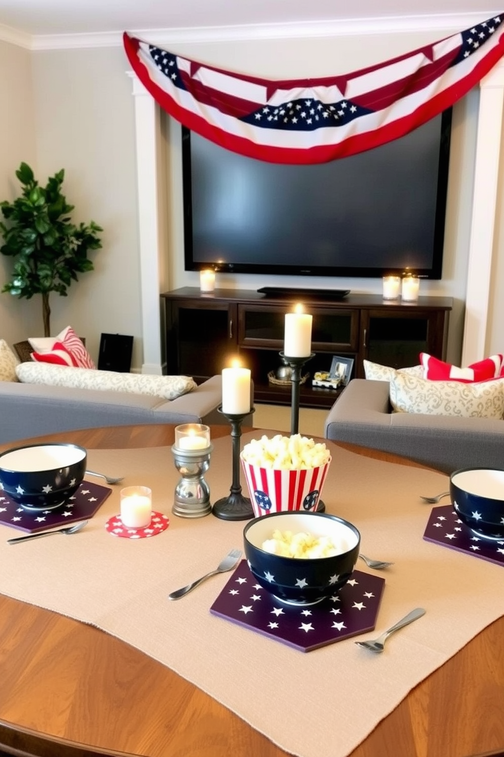 Themed table settings for movie nights. A cozy table is set with popcorn bowls, themed coasters, and flickering candles to create a cinematic atmosphere. Memorial Day Home Theater Decorating Ideas. Red, white, and blue accents adorn the space, with patriotic cushions on the seating and a festive banner draped across the screen.